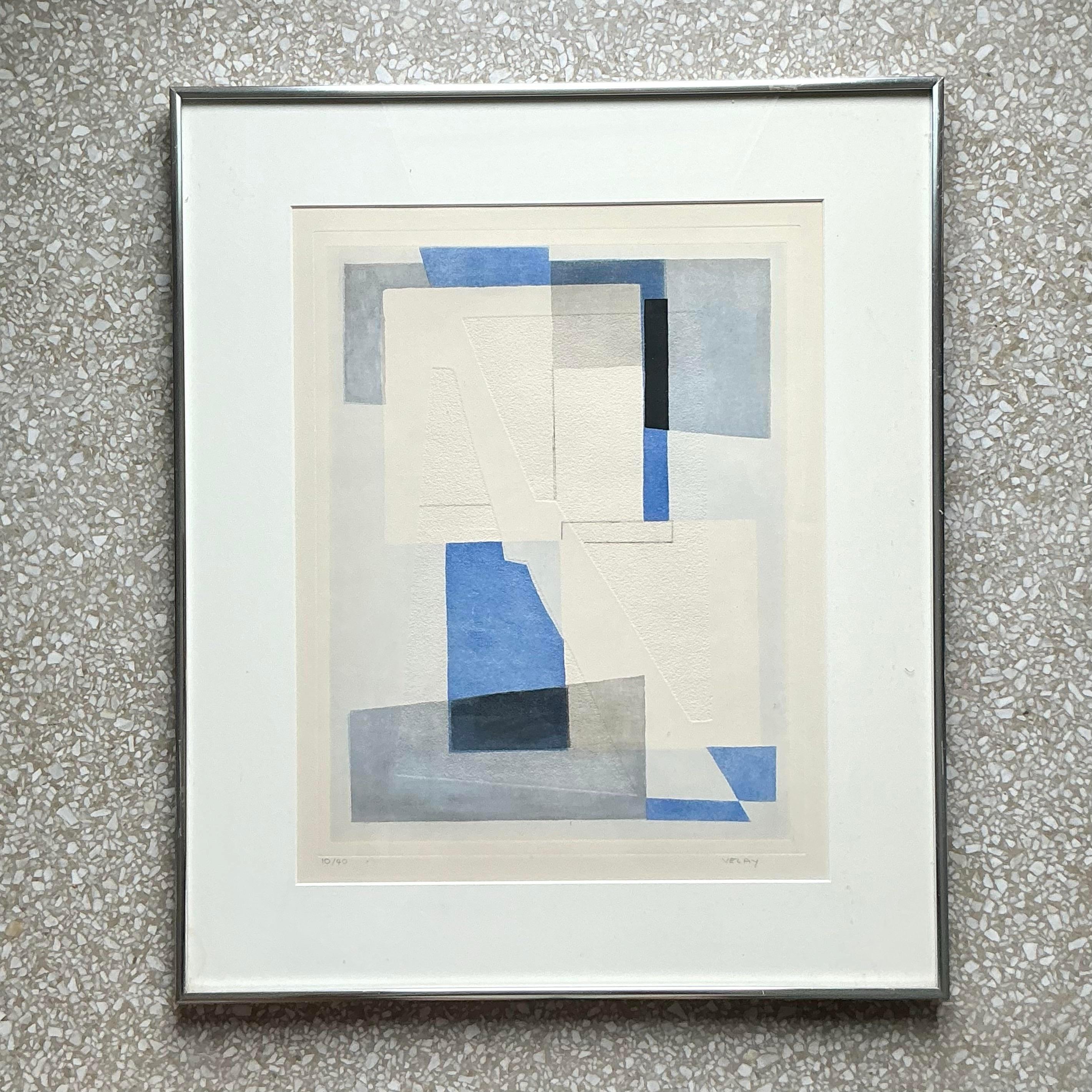 Métal Lithographie abstraite géométrique originale de Boho teinte à la main sur papier en vente