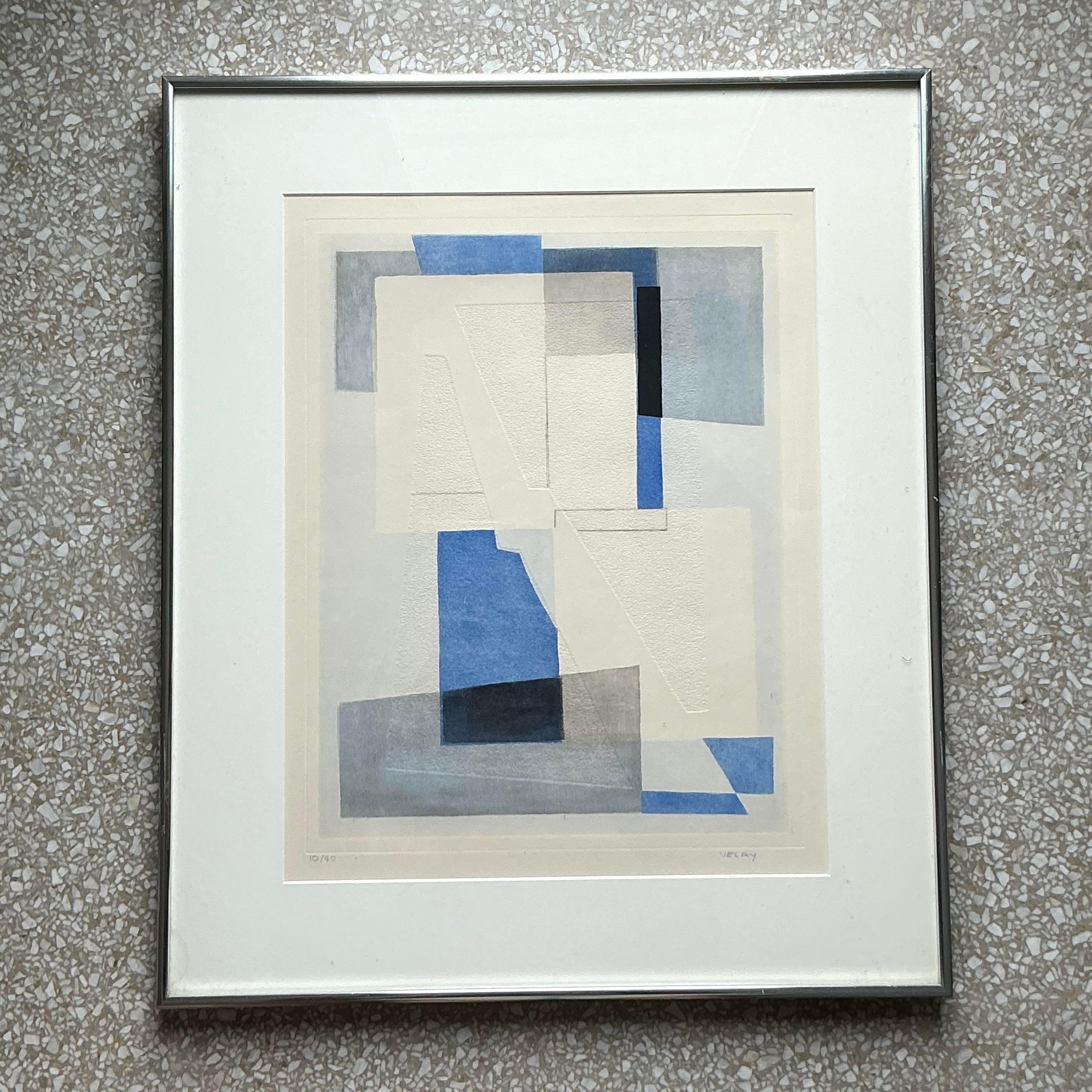Lithographie abstraite géométrique originale de Boho teinte à la main sur papier en vente 2