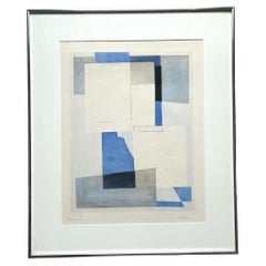 Vintage Boho Original Geometric Abstract Hand Tinted Lithograph on Paper
