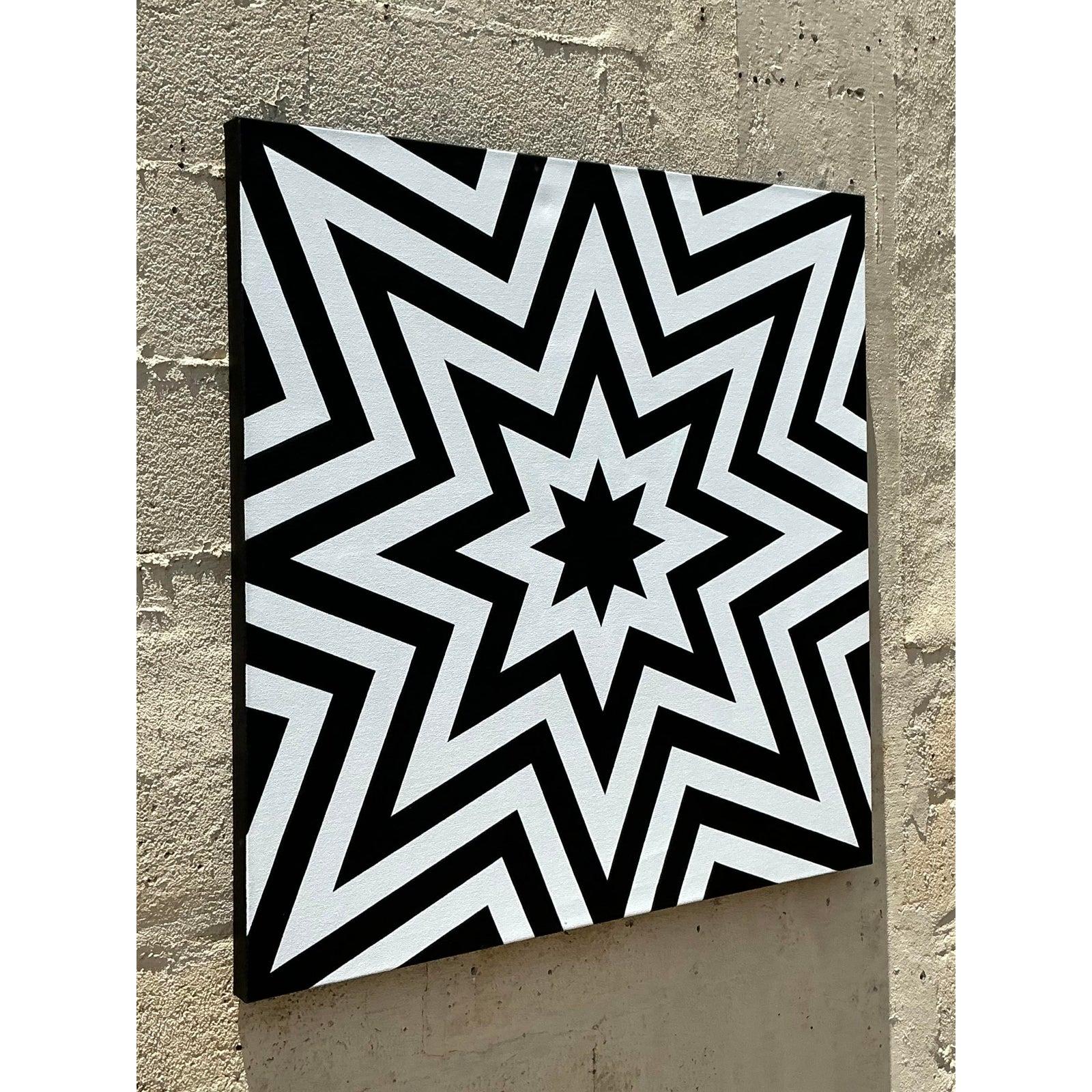 Entfesseln Sie ein dynamisches visuelles Statement mit diesem fesselnden Original-Ölgemälde im Vintage-Stil, einem Paradebeispiel für geometrisch-abstrakte Kunst. Dieses auffällige Werk zeichnet sich durch ein kühnes, monochromes Design aus, das an
