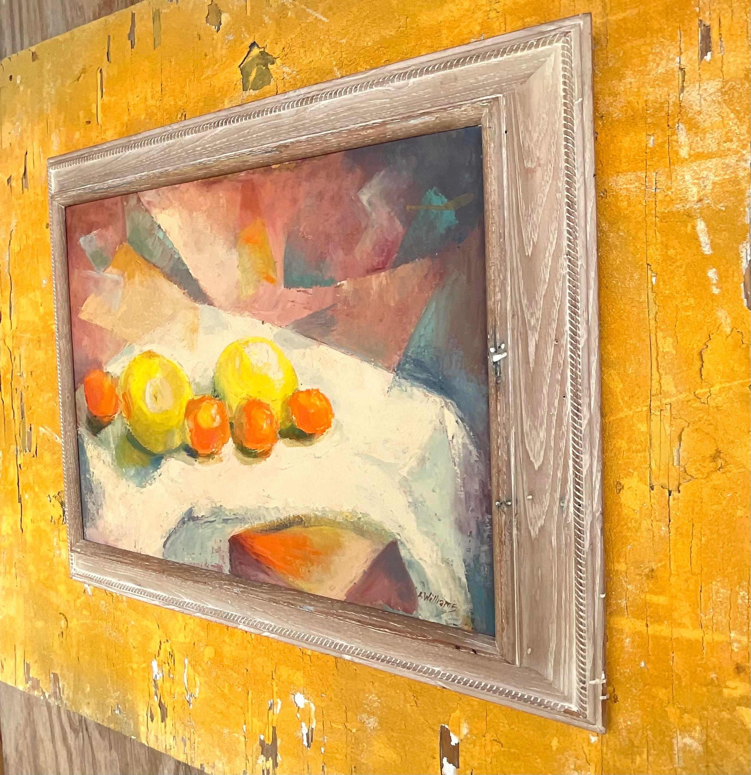 Vintage Boho Original Geometric Still Life Oil on Canvas In Good Condition For Sale In west palm beach, FL