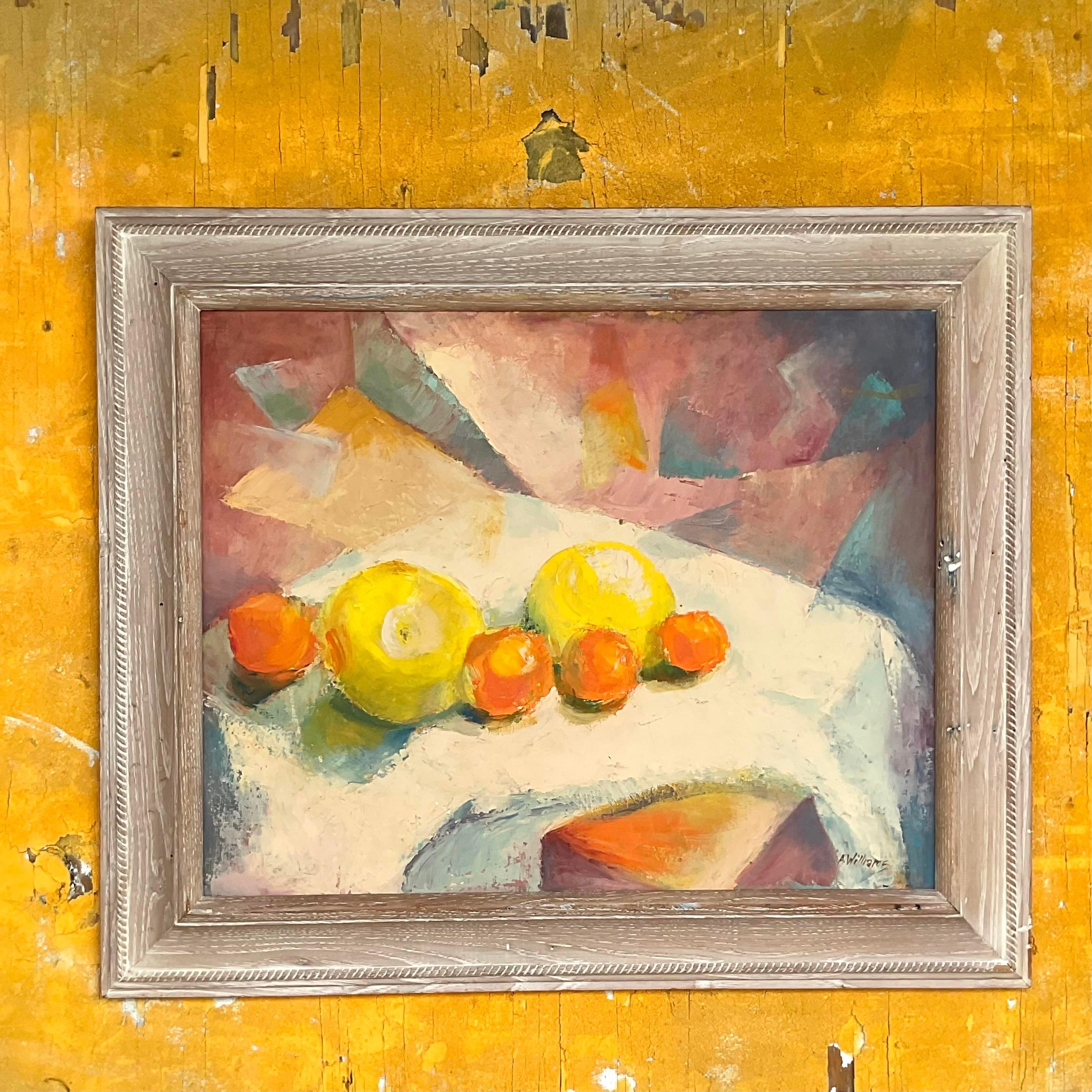 Vintage Boho Original Geometric Still Life Oil on Canvas For Sale 2