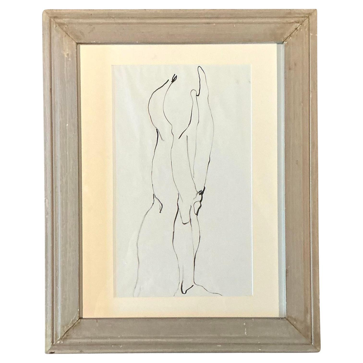 Vintage Boho Original Ink Line Drawing of Man