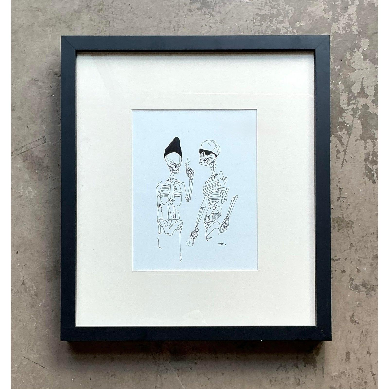 Entdecken Sie ein einzigartiges Stück Vintage-Kunst mit dieser fesselnden Original-Tuscheskizze, die wunderschön gerahmt Ihre Wände schmücken wird. Dieses bezaubernde Kunstwerk mit seiner unverwechselbaren Boho-Ästhetik zeigt zwei elegant gestaltete