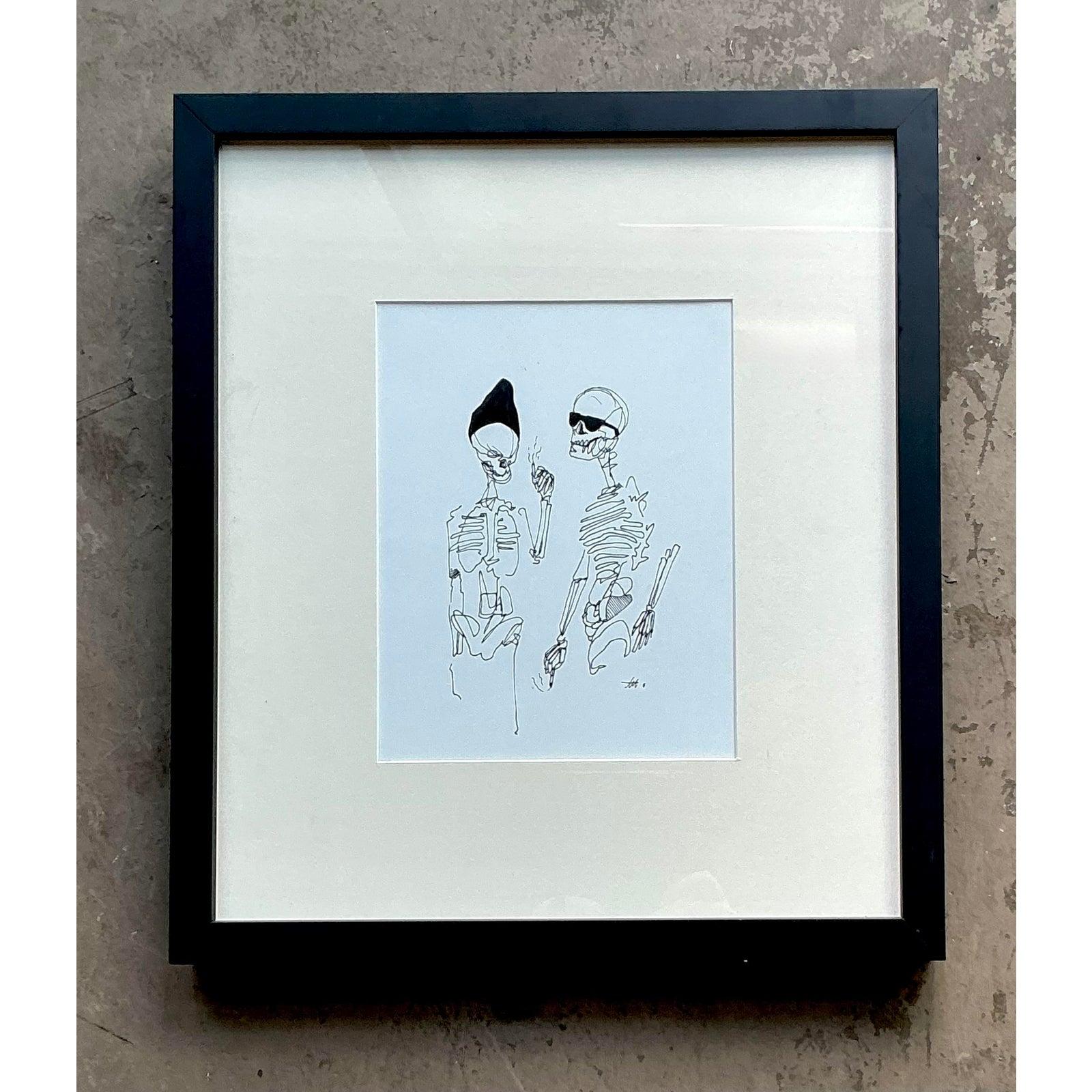 Vintage Boho Original Tinte Skizze von Skeletten (Minimalistisch) im Angebot