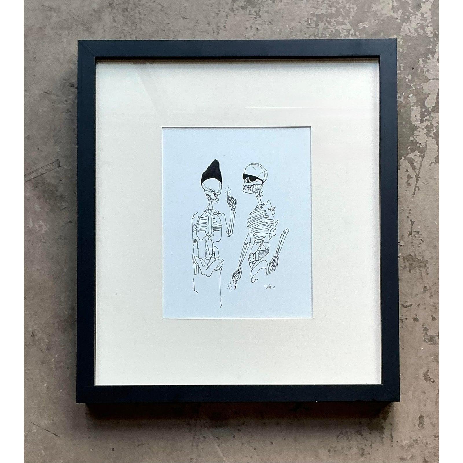 Vintage Boho Original Tinte Skizze von Skeletten (amerikanisch) im Angebot