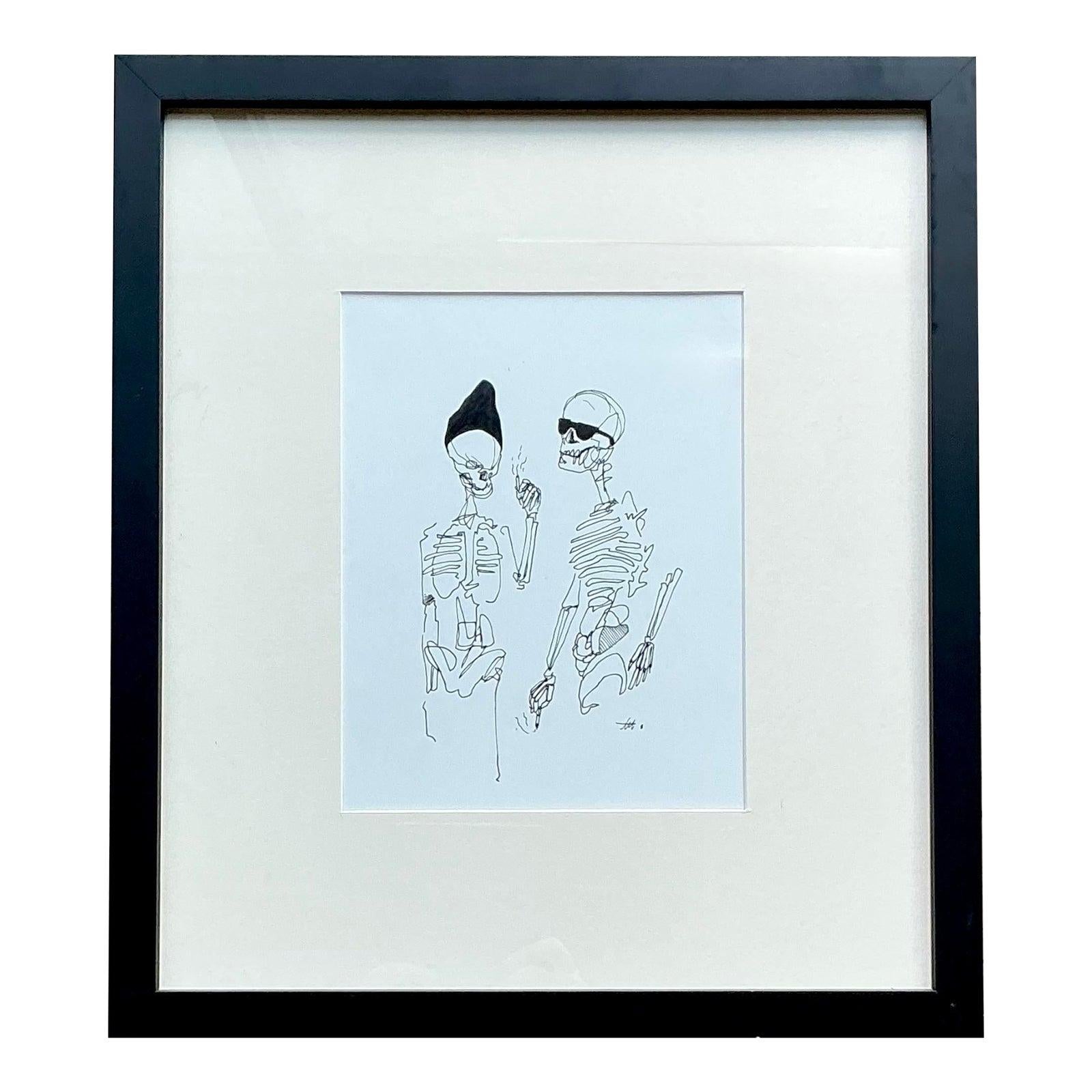 Vintage Boho Original Tinte Skizze von Skeletten im Zustand „Gut“ im Angebot in West Palm Beach, FL