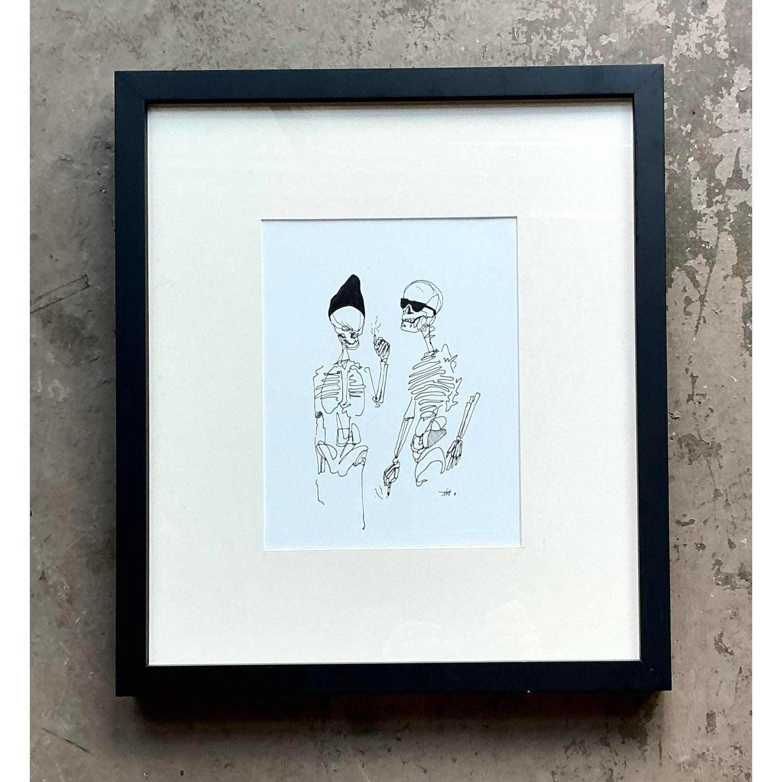 Vintage Boho Original Tinte Skizze von Skeletten (20. Jahrhundert) im Angebot