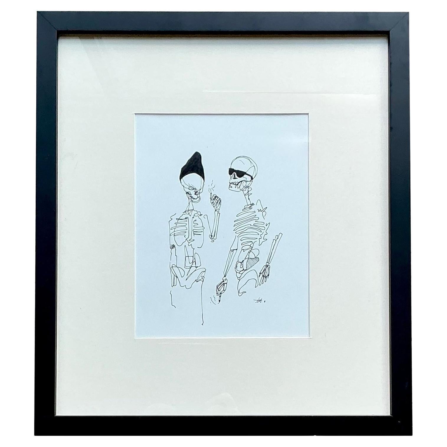 Vintage Boho Original Tinte Skizze von Skeletten im Angebot