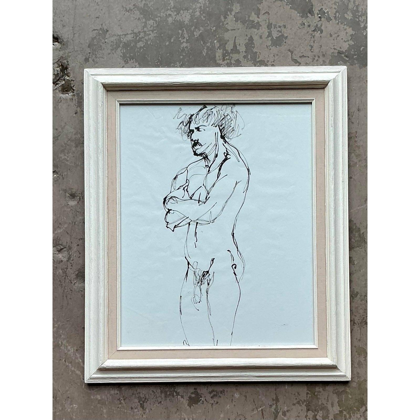Vintage Boho Original Tinte Skizze auf Papier (amerikanisch) im Angebot