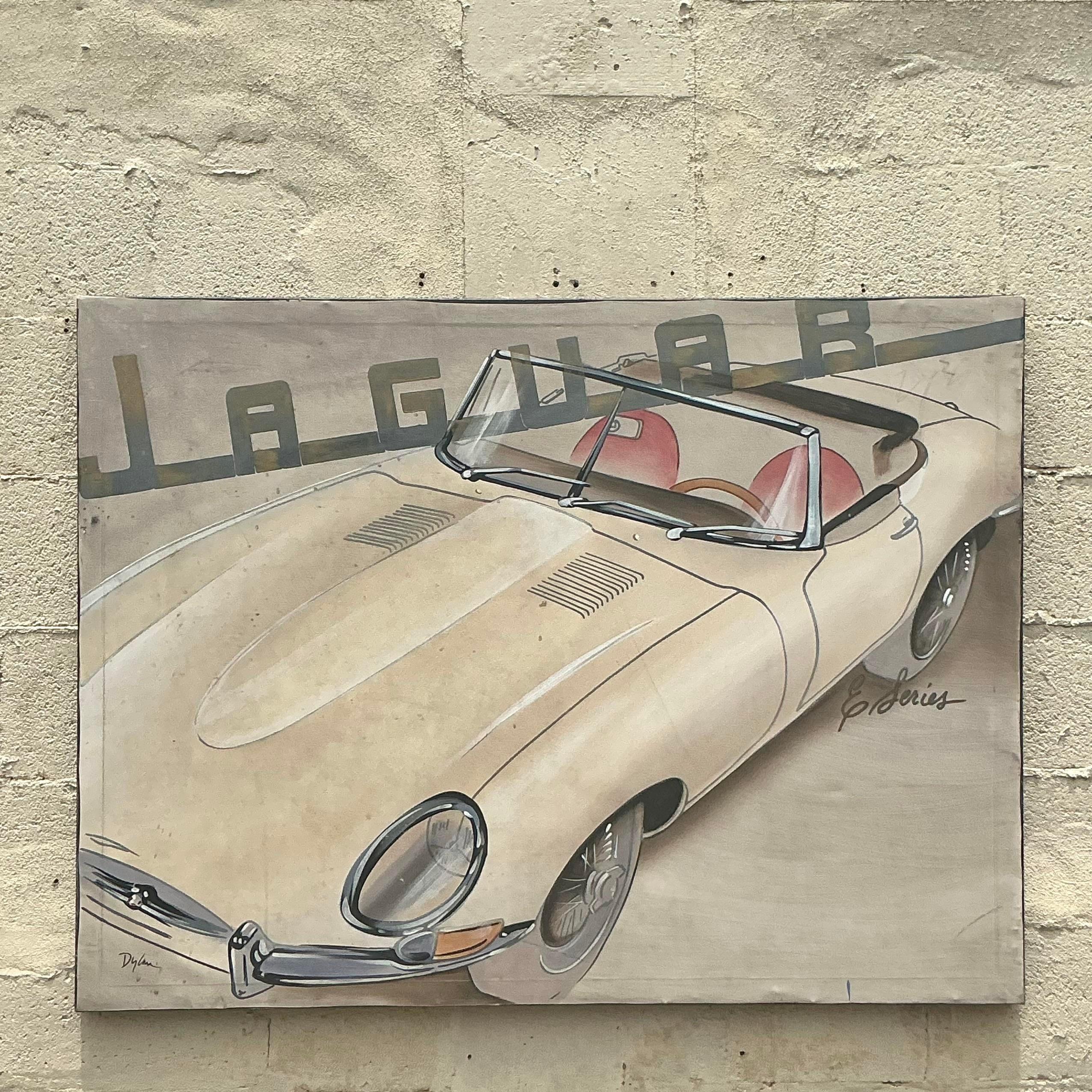 Vintage Boho Pintura al óleo original Jaguar sobre lienzo en Bueno estado para la venta en west palm beach, FL