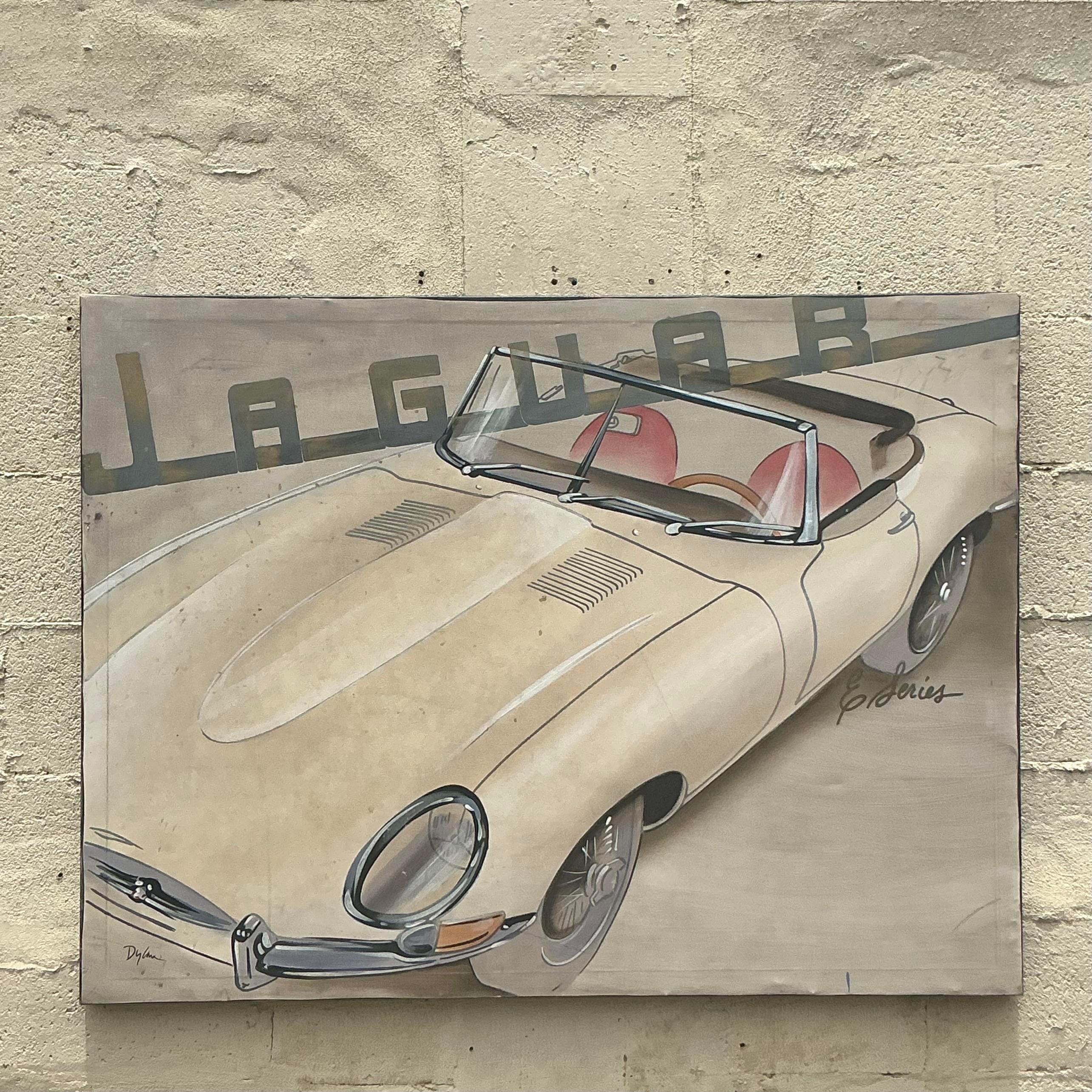 Vintage Boho Pintura al óleo original Jaguar sobre lienzo siglo XX en venta
