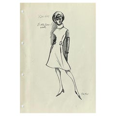 Vintage Boho Original Jean Patou Fashion Sketch on Paper