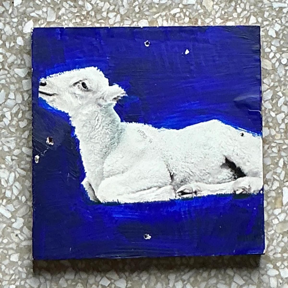 Americano Vintage By Pittura originale di agnello su tavola in vendita