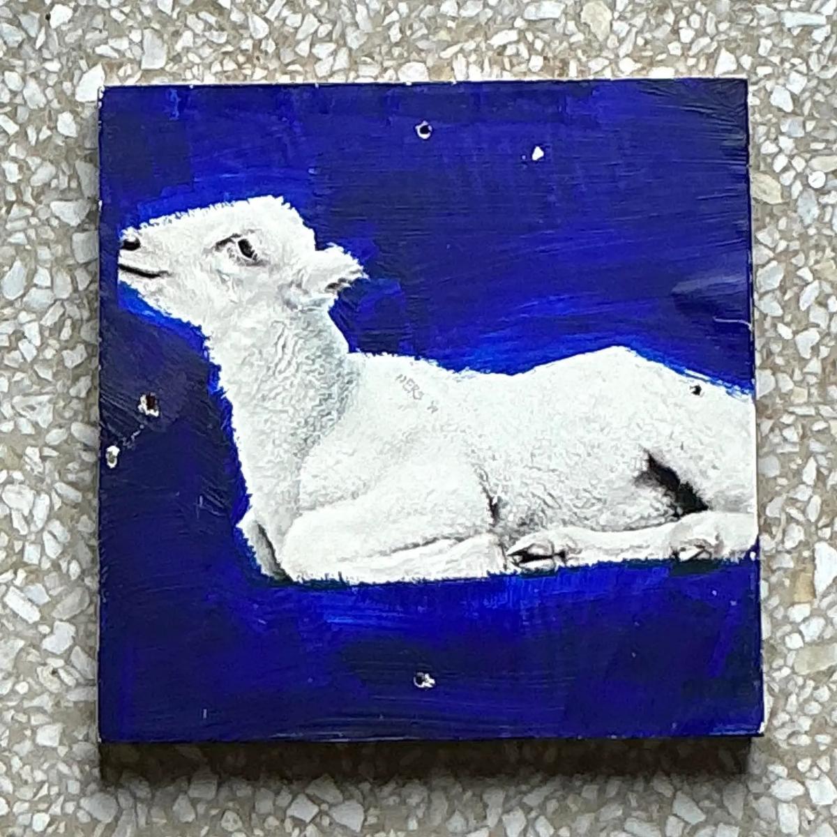 XX secolo Vintage By Pittura originale di agnello su tavola in vendita