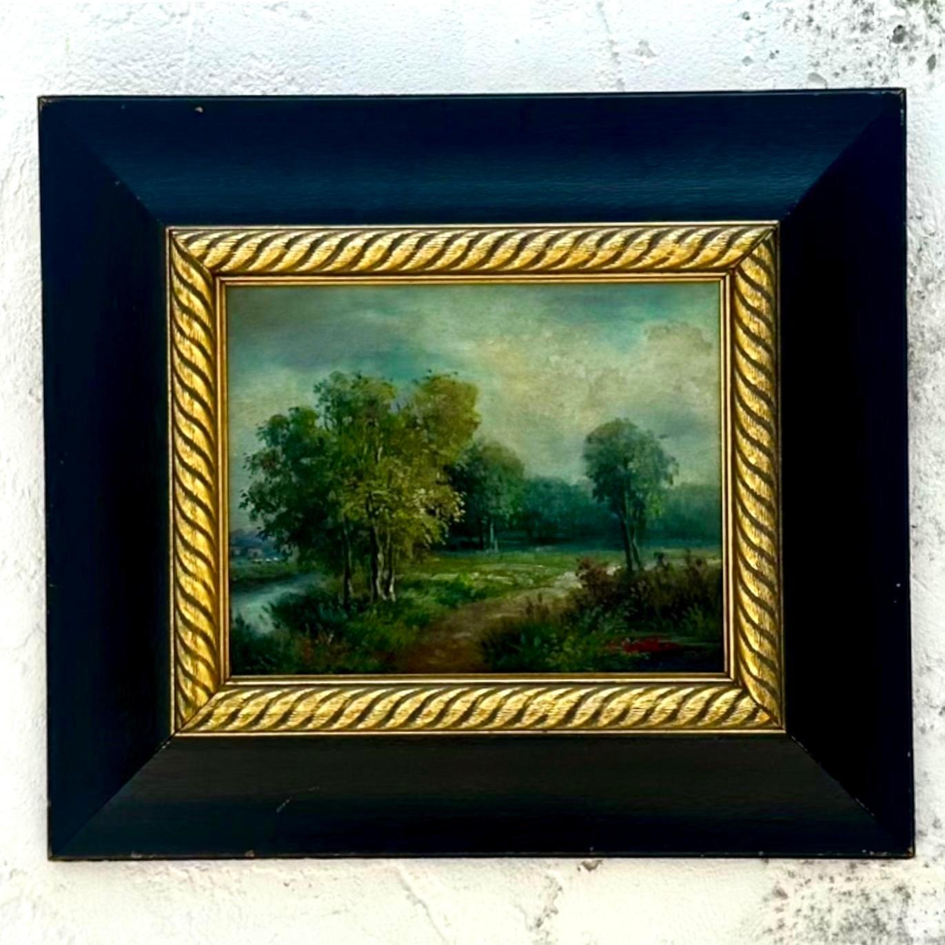 Migliora il tuo arredamento con questo olio su tela con paesaggio originale vintage boho. Caratterizzata da vivaci scenari dipinti a mano, questa opera d'arte unica aggiunge un tocco di fascino bohémien e di eleganza artistica a qualsiasi spazio.