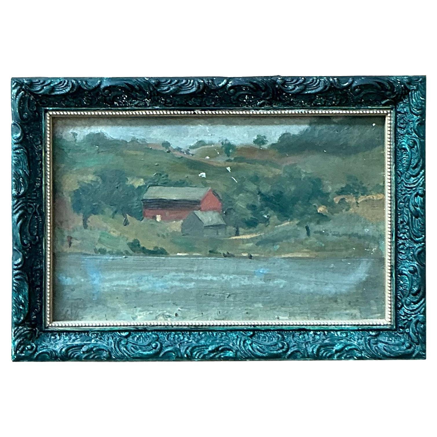 Original Vintage Boho Original Landschaft Öl auf Leinwand, Vintage