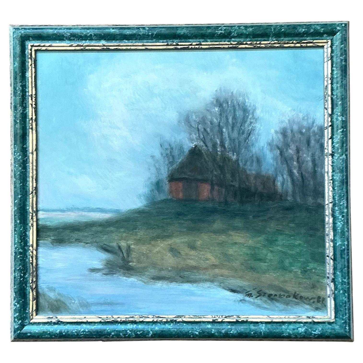 Original Vintage Boho Original Landschaft Öl auf Leinwand, Vintage