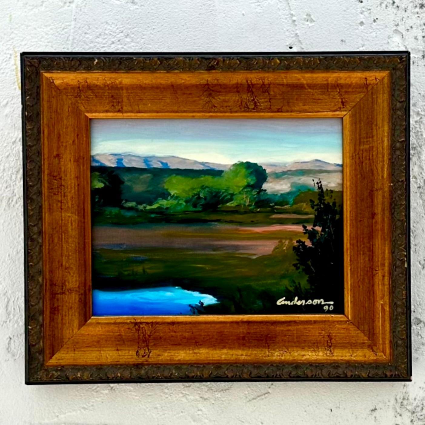 Arricchisci il tuo arredamento con questo olio su tela con paesaggio originale vintage boho. Caratterizzata da un paesaggio in stile americano splendidamente dettagliato, quest'opera d'arte conferisce un fascino sereno e rustico a qualsiasi