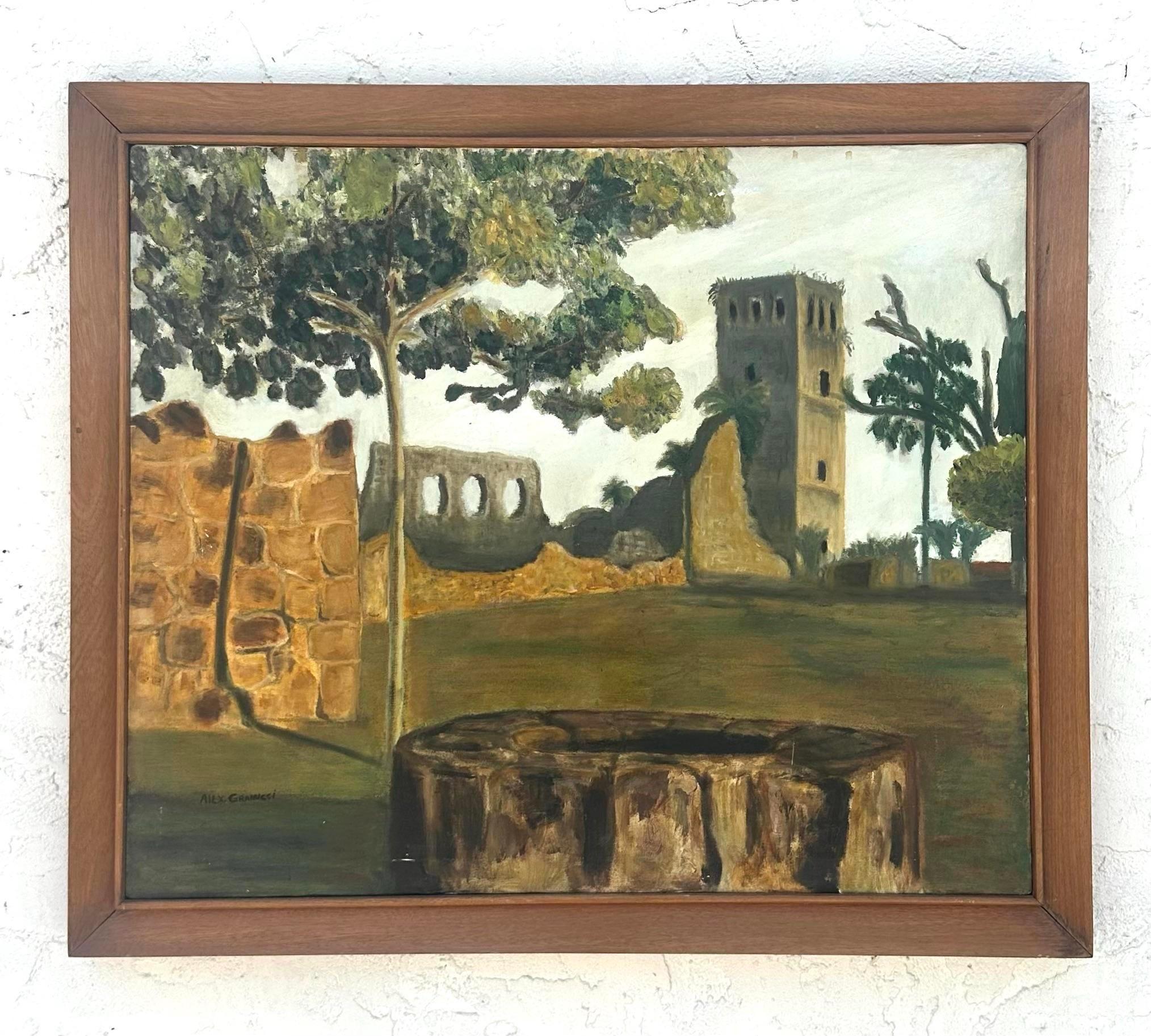 Un favoloso dipinto a olio su tela originale Boho vintage. Un paesaggio chic dai colori caldi e ricchi. Firmato dall'artista. Acquistato da una proprietà di Palm Beach. 
