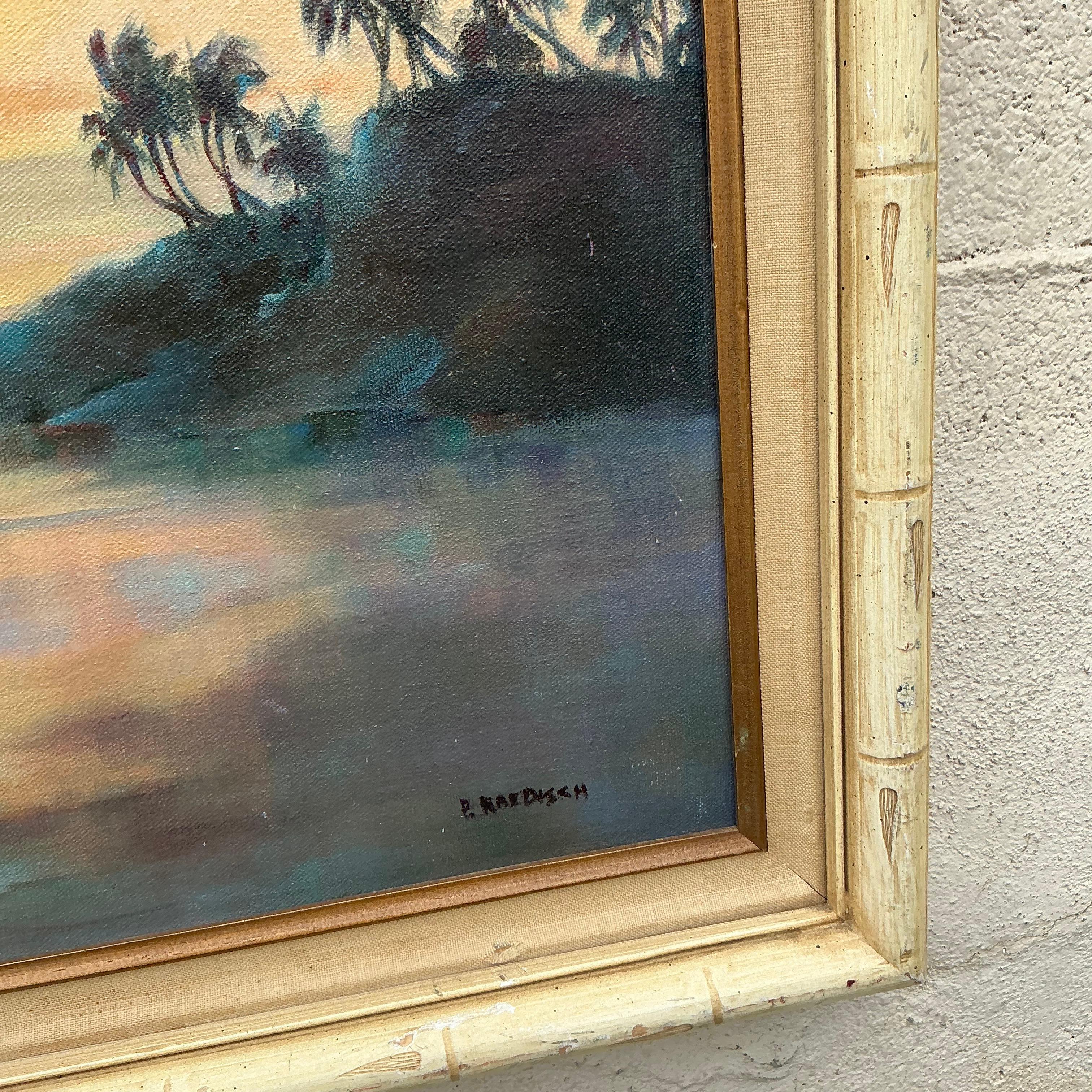 Dai un tocco di natura e di eleganza artistica al tuo spazio con questo dipinto ad olio su tela di un paesaggio originale Boho vintage. Questa accattivante opera d'arte presenta una serena scena di paesaggio, ricca di toni terrosi e di intricate