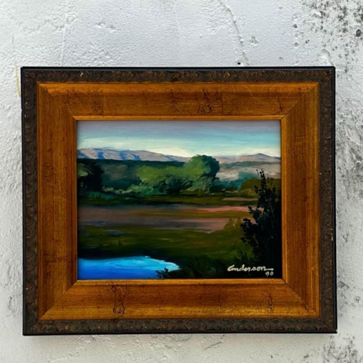 Classico americano Pittura ad olio su tela con paesaggio originale Boho d'epoca in vendita