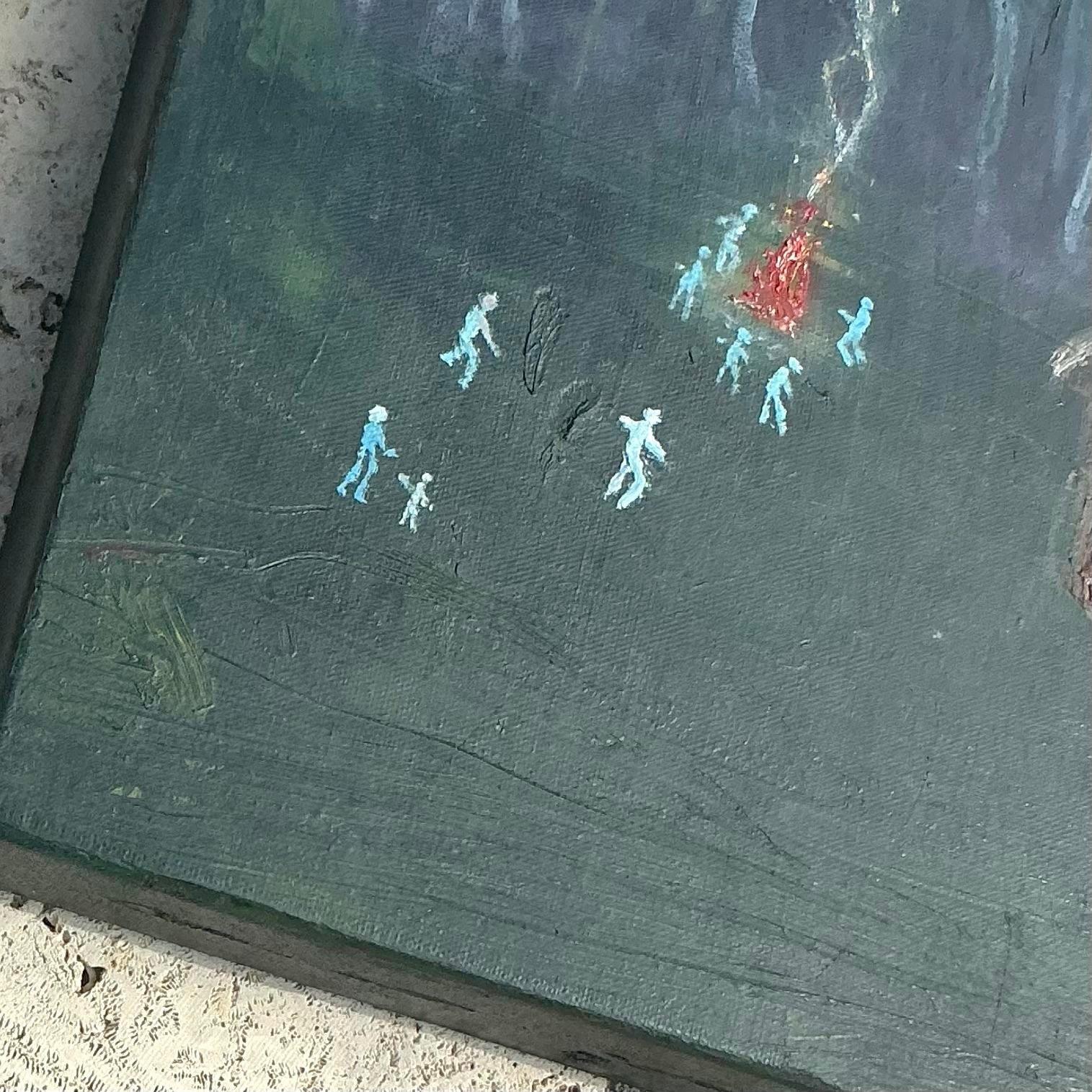 American Vintage Boho Original Landscape Oil Painting on Canvas For Sale