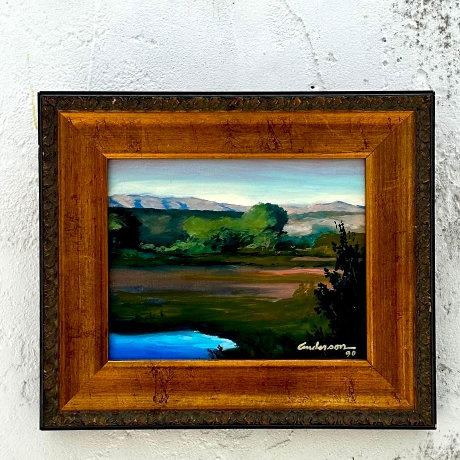 Nordamericano Pittura ad olio su tela con paesaggio originale Boho d'epoca in vendita