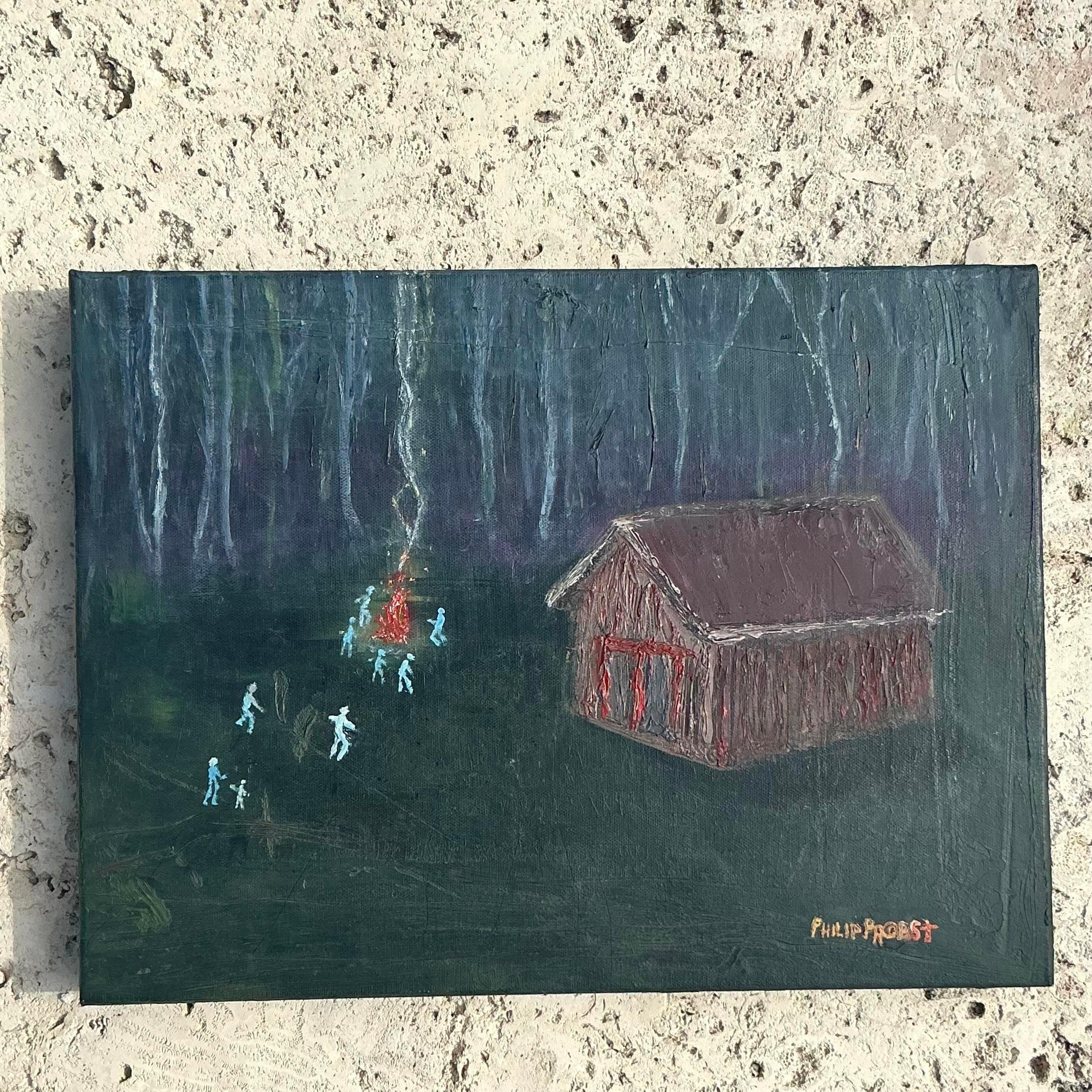 Vintage Boho Original Landscape Oil Painting on Canvas In Good Condition For Sale In west palm beach, FL