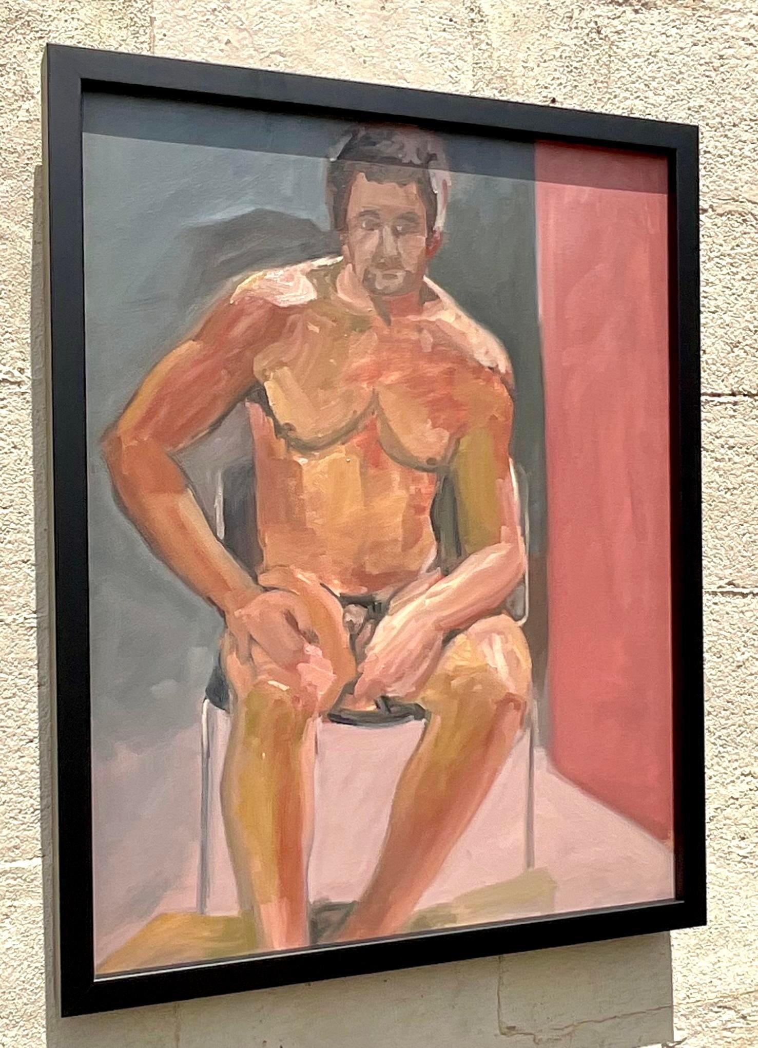The Vintage Boho Original Male Nude Painting on Canvas captures the essence of American artistic expression with its bold and evocative portrayal. This unique piece adds a touch of bohemian sophistication and raw beauty to any eclectic interior.
