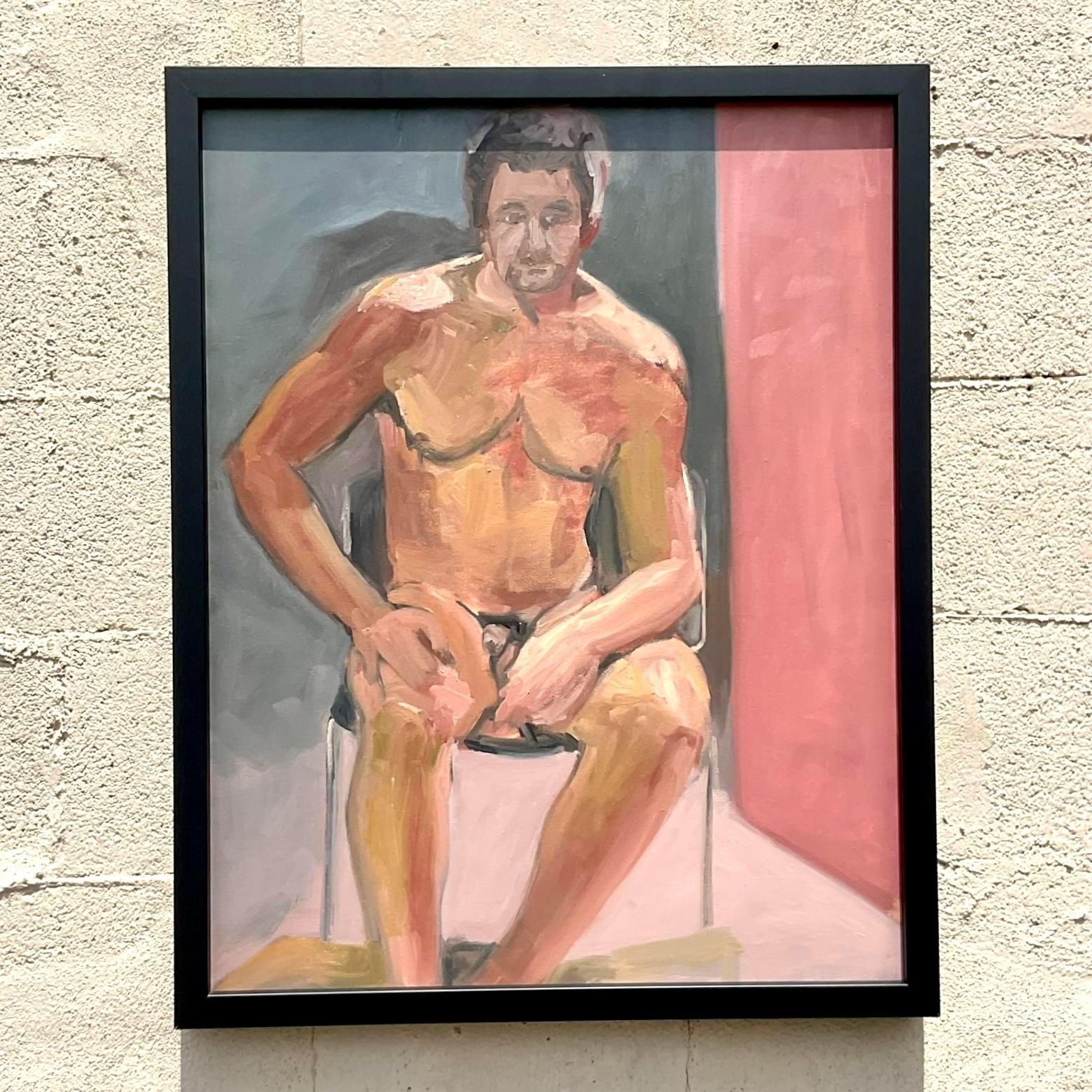 American Vintage Boho Original Male Nude Painting on Canvas For Sale