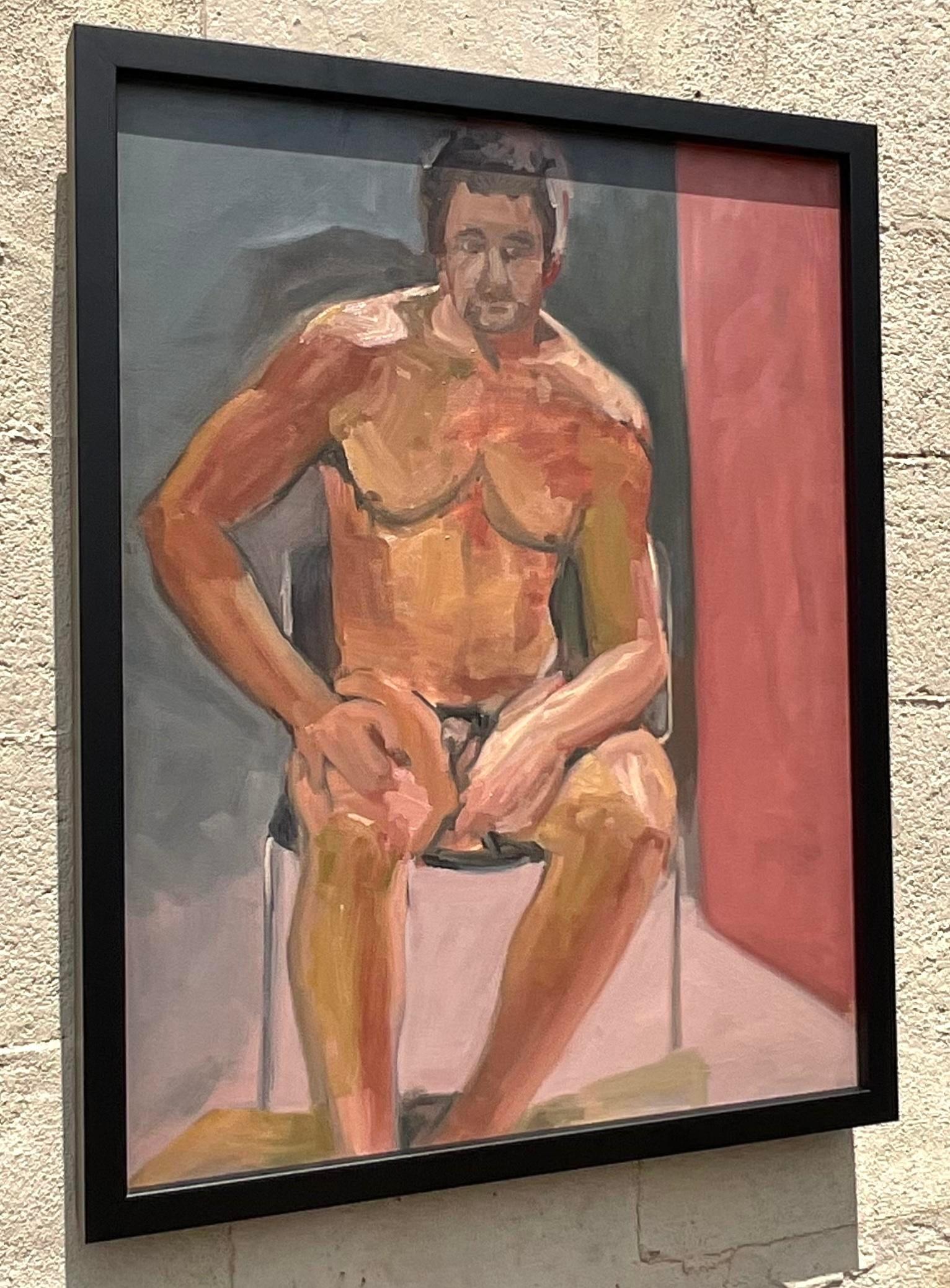 Vintage Boho Original Male Nude Painting on Canvas In Good Condition For Sale In west palm beach, FL