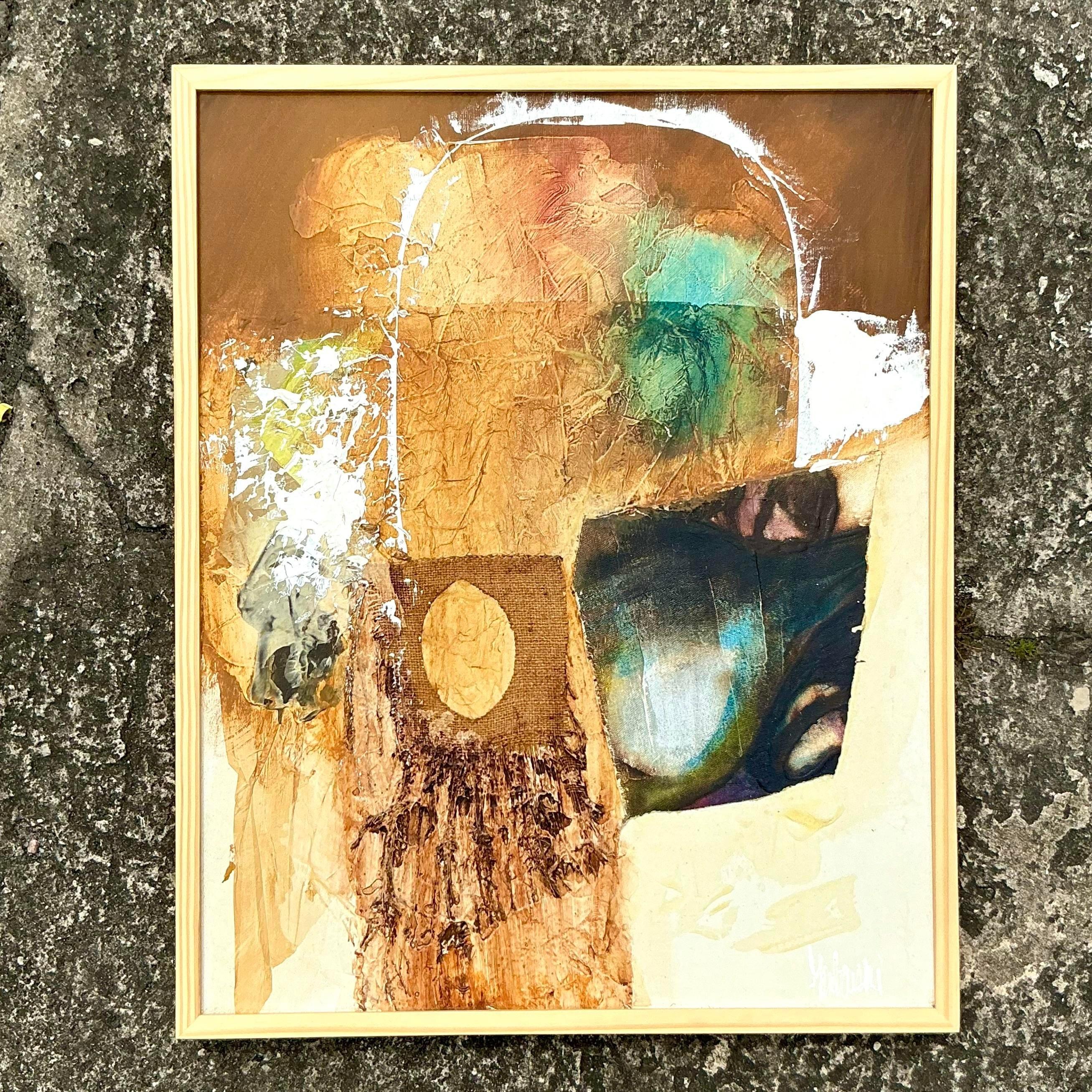 Abbraccia lo spirito eclettico con questo quadro vintage Boho a tecnica mista su tela. Strutture stratificate e tinte vivaci si combinano per creare un capolavoro accattivante e unico nel suo genere. Perfetta per aggiungere un tocco artistico e