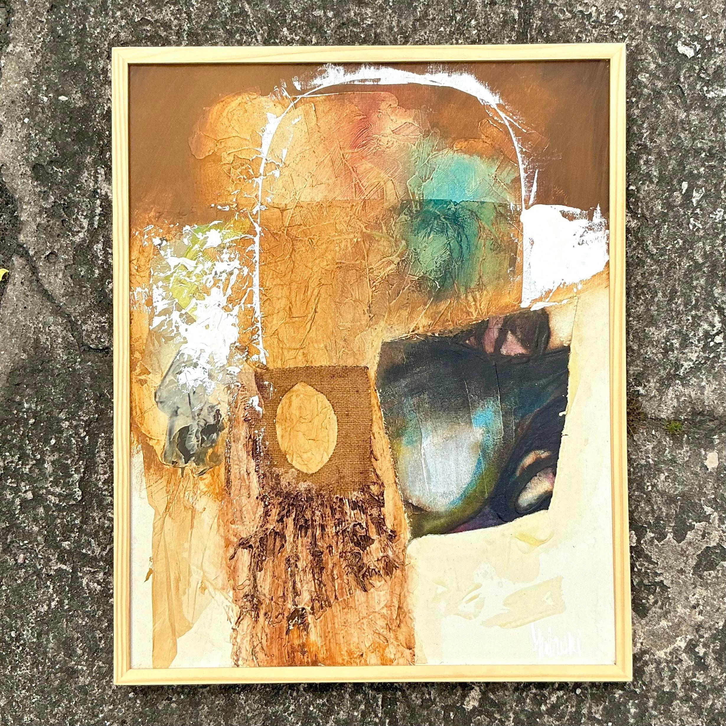 Americano Quadro originale su tela con tecnica mista vintage Boho in vendita
