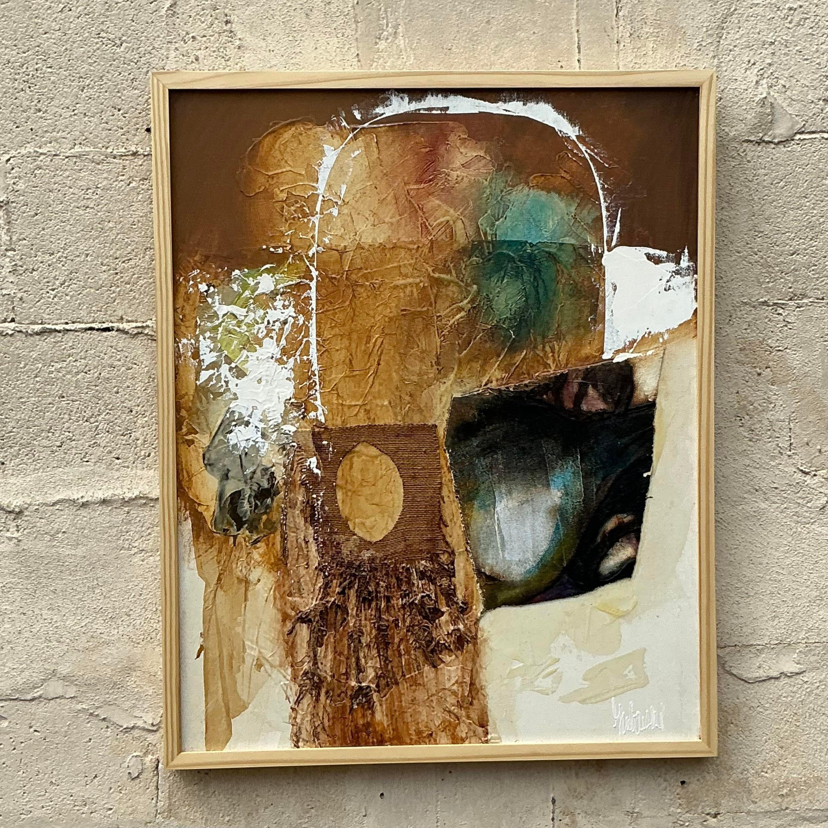 XX secolo Quadro originale su tela con tecnica mista vintage Boho in vendita