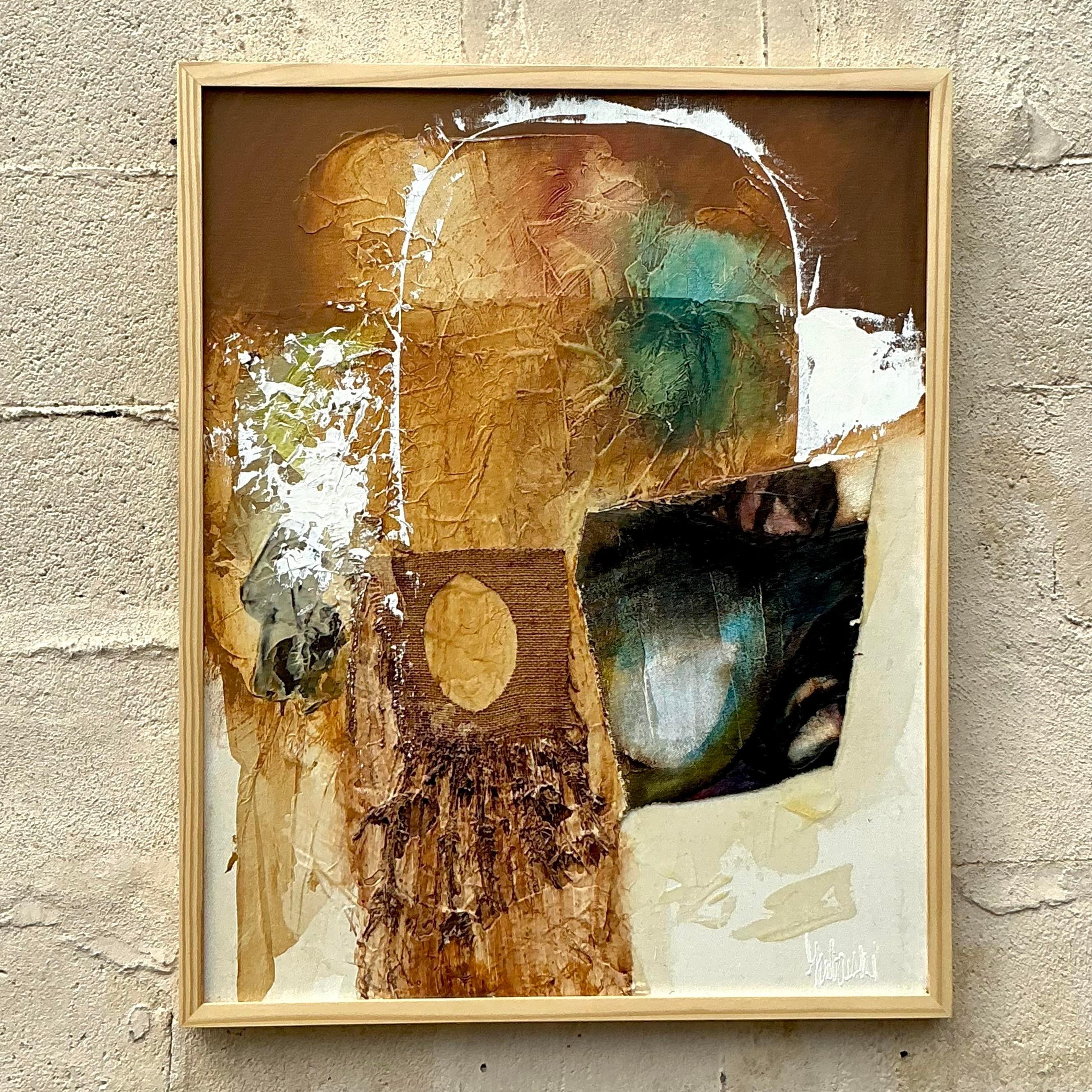 Tela Quadro originale su tela con tecnica mista vintage Boho in vendita