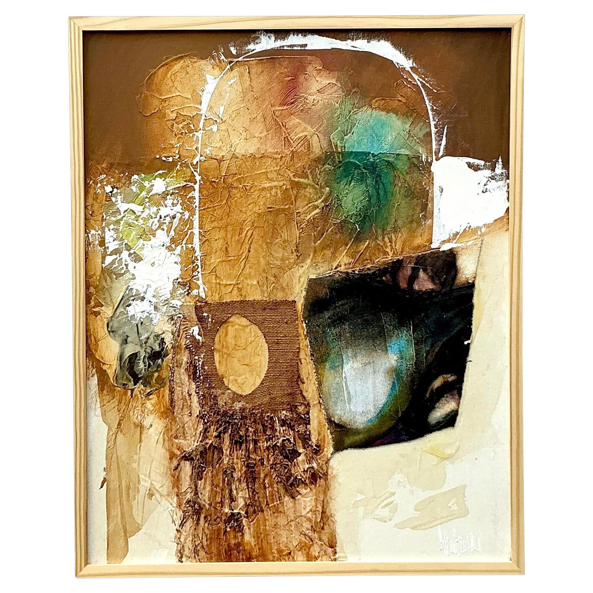 Vintage Boho Pintura original en técnica mixta sobre lienzo