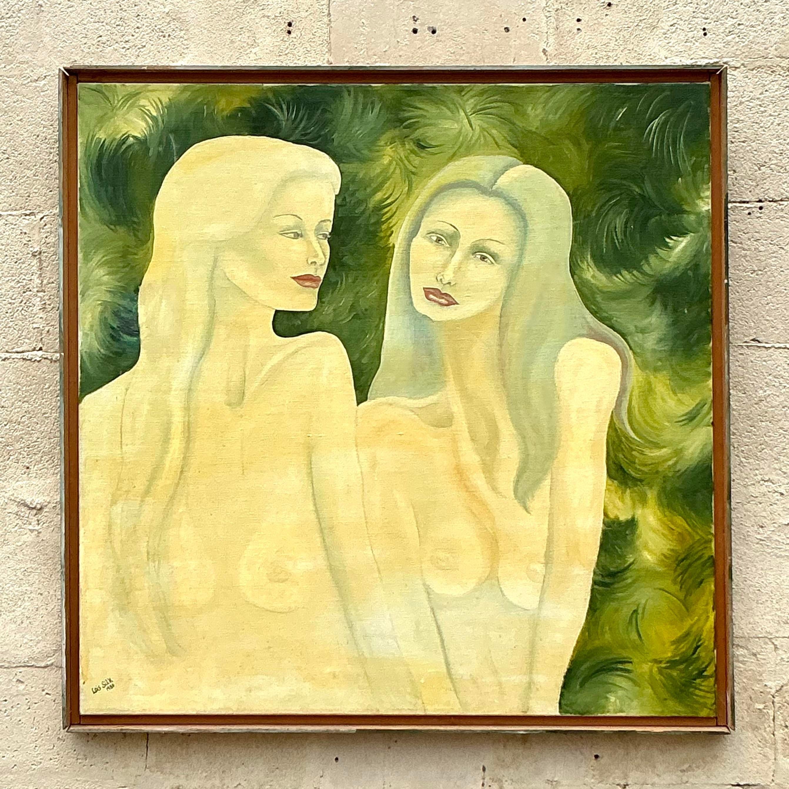 Vintage Boho Original Nude Figurative Oil Painting on Canvas For Sale 1
