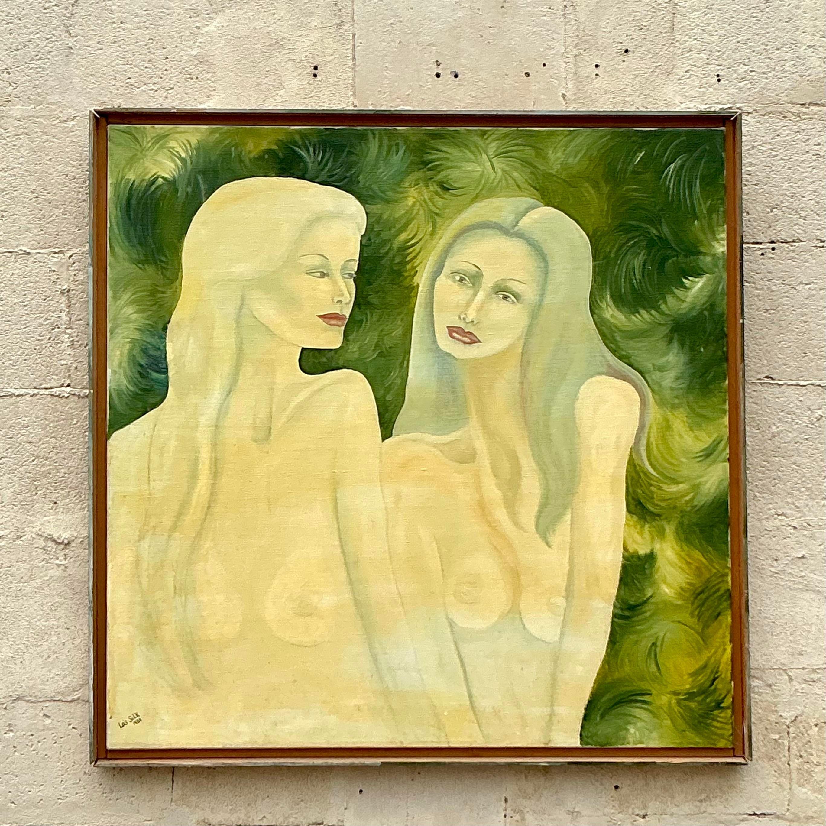 Vintage Boho Original Nude Figurative Oil Painting on Canvas For Sale 2