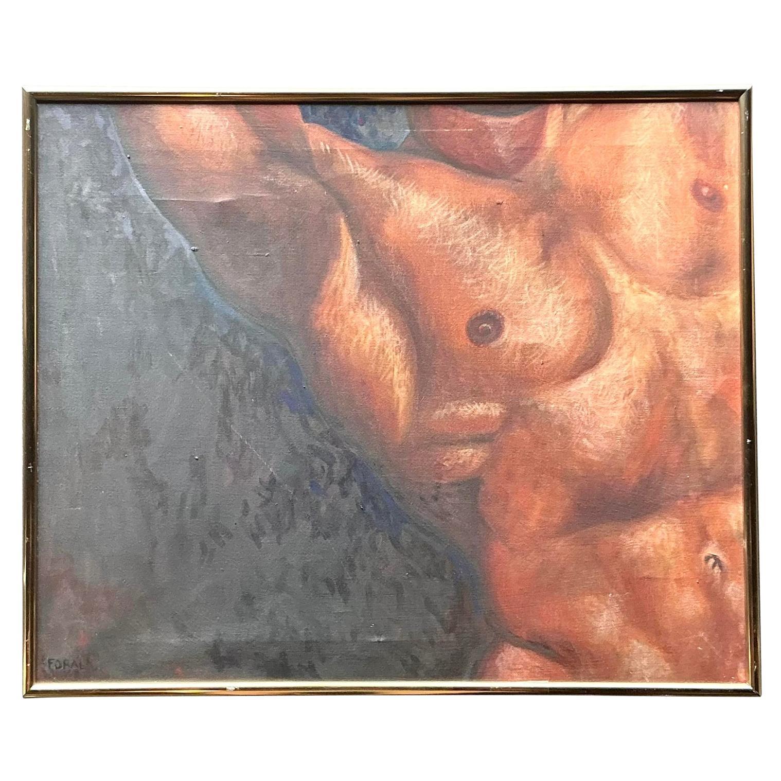 Vintage Boho Original Oil Canvas of Male Torso