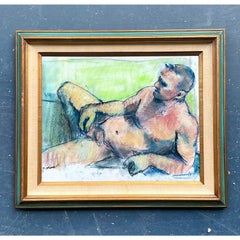 Vintage Boho Original Crayón al Óleo Desnudo Masculino sobre Papel