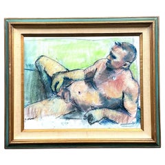 Vintage Boho Original Oil Crayon Male Nude on Paper