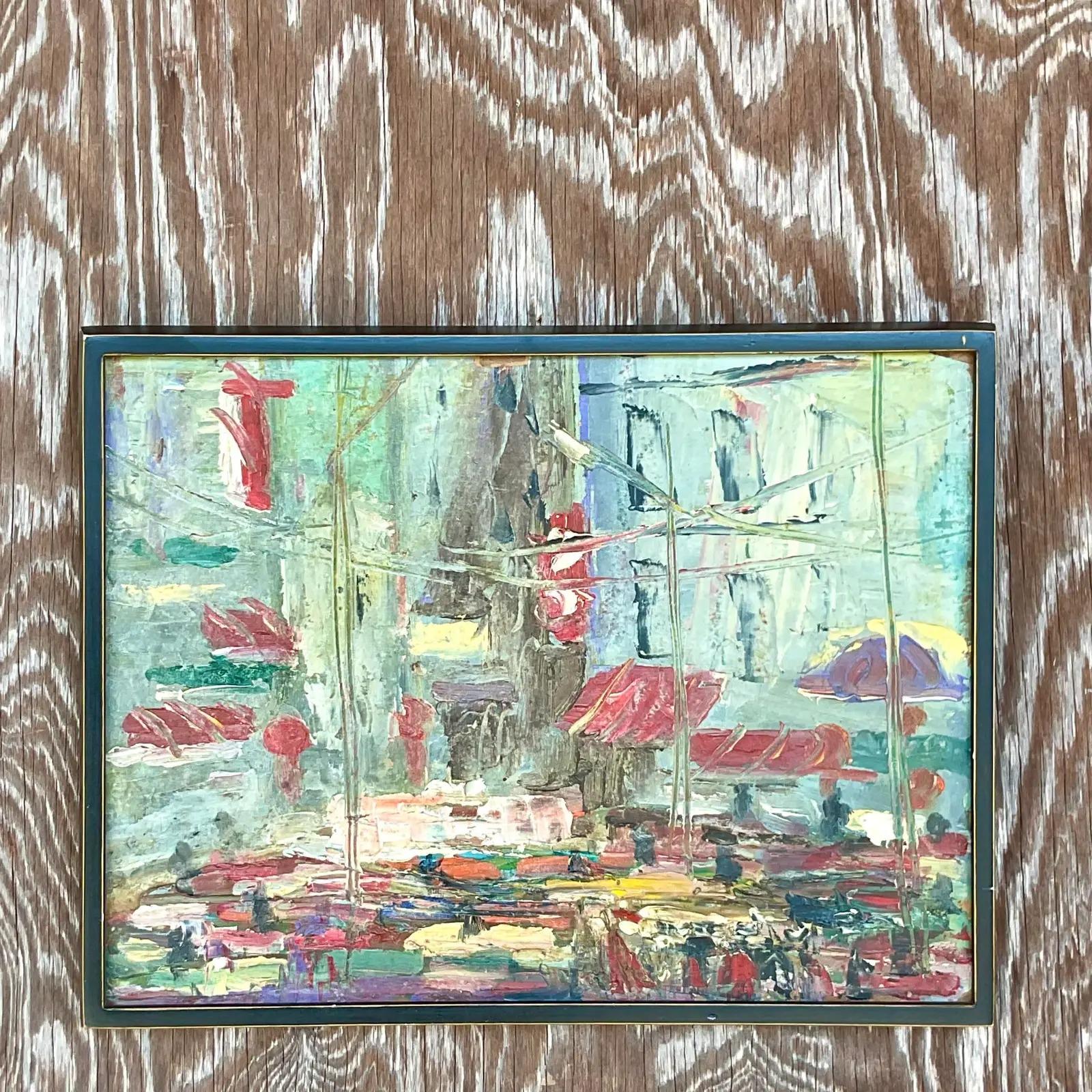 A fabulous vintage Original oil painting. A chic impasto style Abstract expressionist composition of a French street scene. A charming work. Acquired from a Palm Beach estate.
