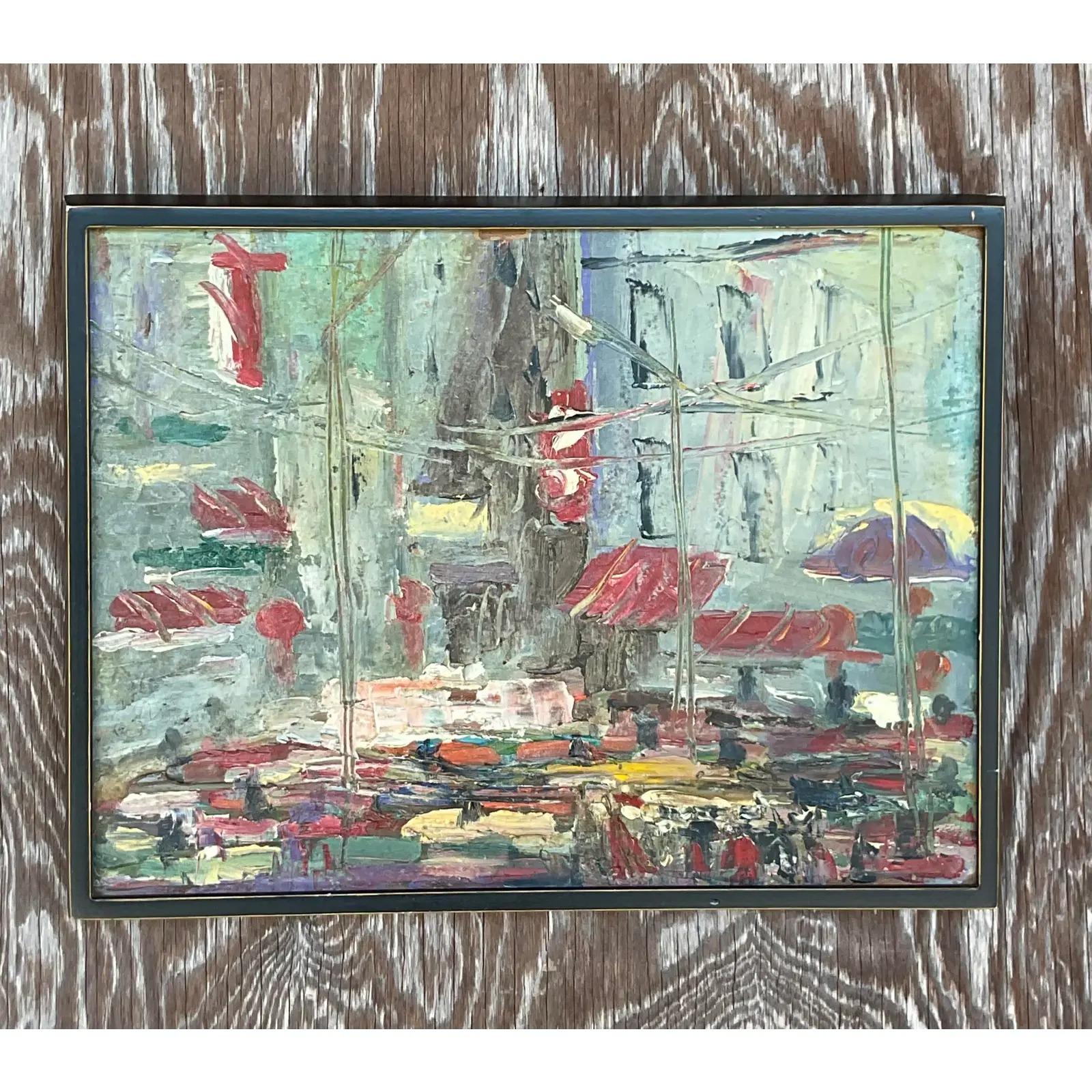 Vintage Boho Original Oil Impasto Abstract Expressionist Painting In Good Condition For Sale In west palm beach, FL