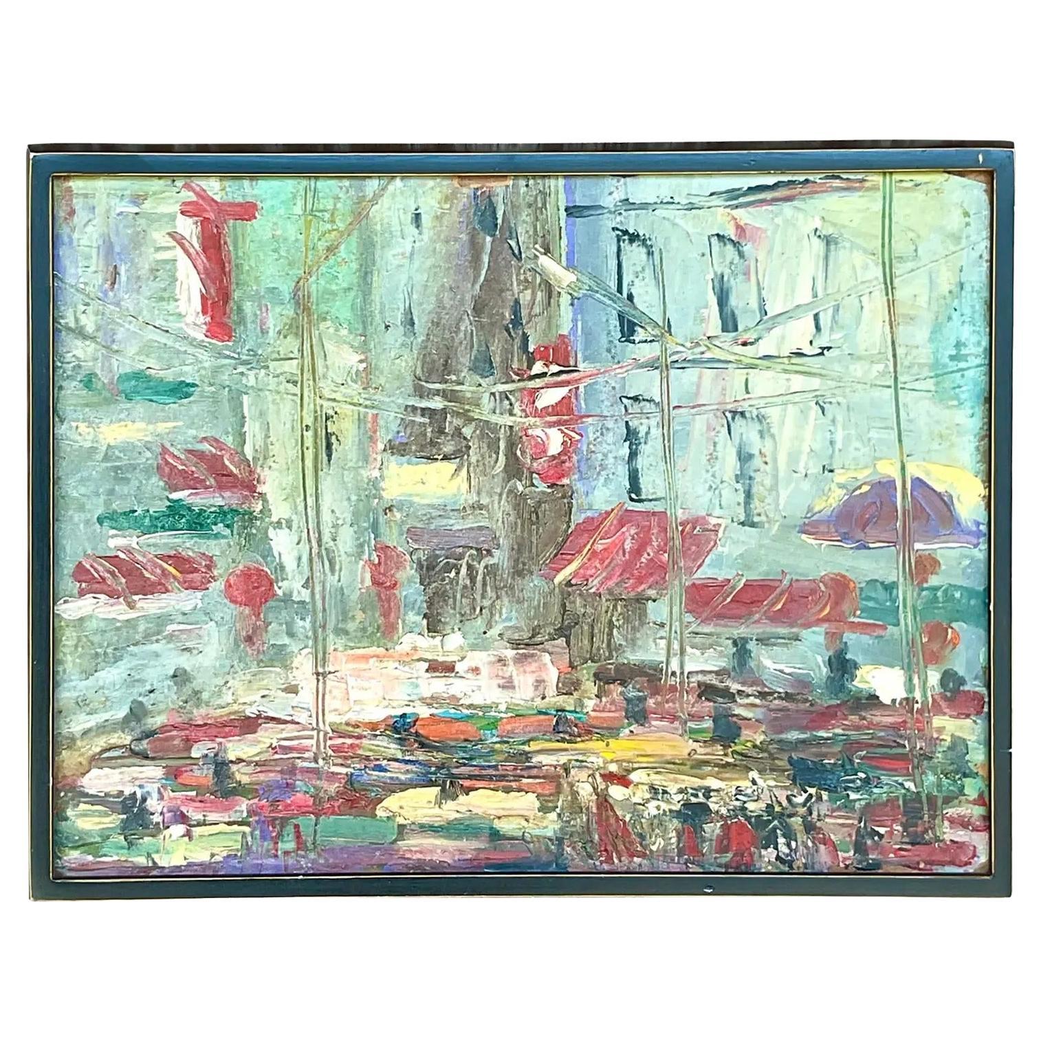 Vintage Boho Pittura originale ad olio Impasto astratto espressionista