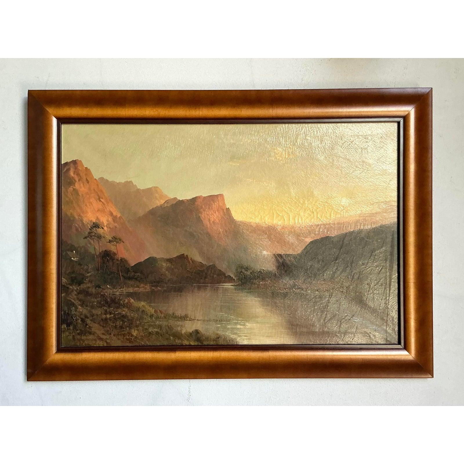 Vintage Boho Original Öl-Landschaft auf Leinwand (Rustikal) im Angebot