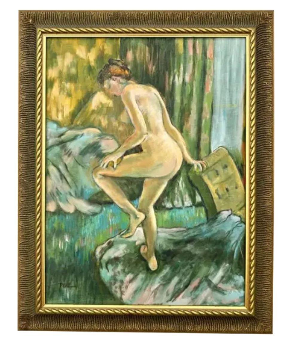 Il semble que vous décriviez une peinture à l'huile vintage de style bohème sur toile représentant une femme nue et signée par l'artiste. Ce type d'œuvre d'art peut être assez frappant et unique, mélangeant souvent des éléments d'art bohème,
