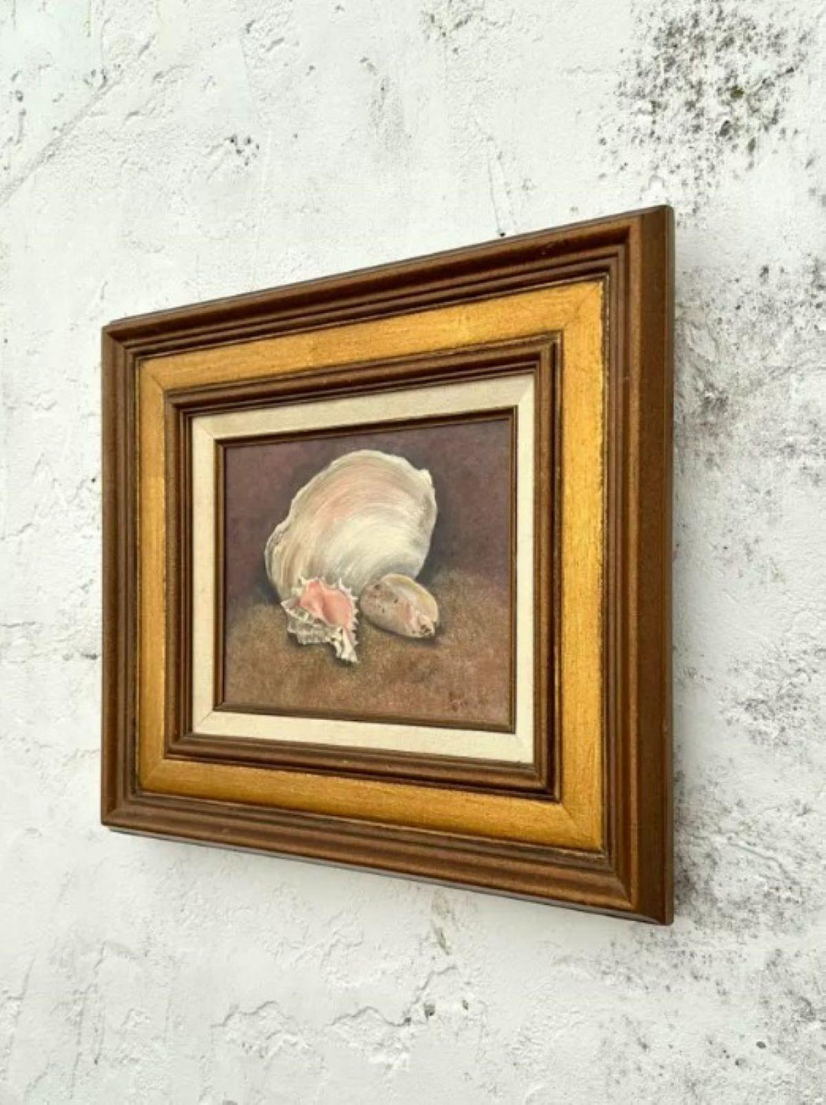 Vintage Boho Óleo original sobre lienzo Bodegón de conchas firmado por el artista Norteamericano en venta