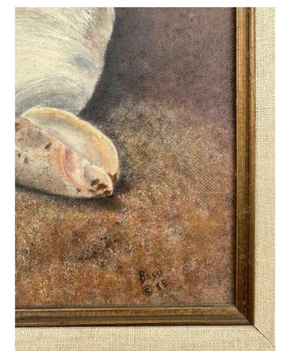 Vintage Boho Óleo original sobre lienzo Bodegón de conchas firmado por el artista en Bueno estado para la venta en west palm beach, FL