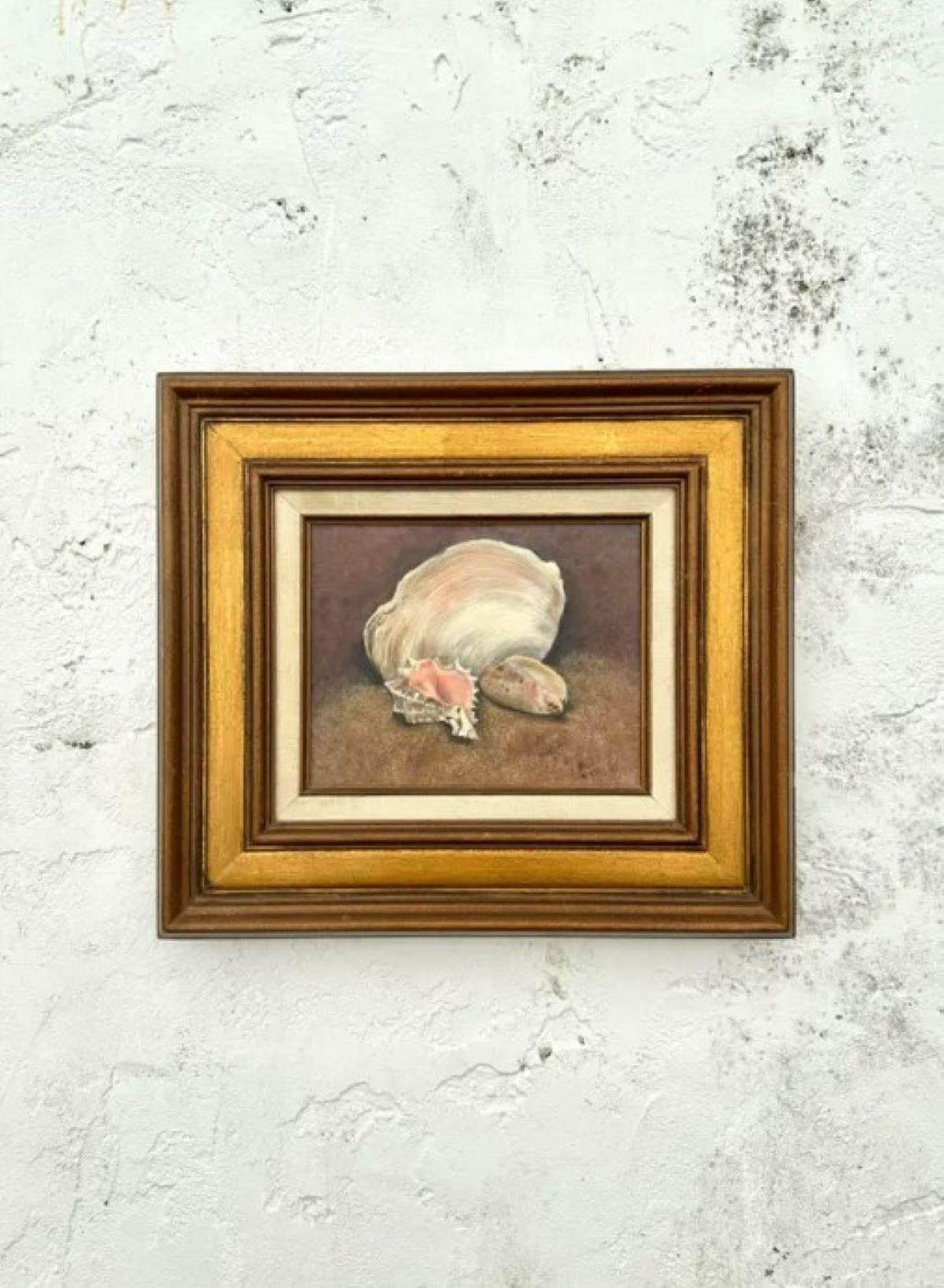 Vintage Boho Óleo original sobre lienzo Bodegón de conchas firmado por el artista siglo XX en venta